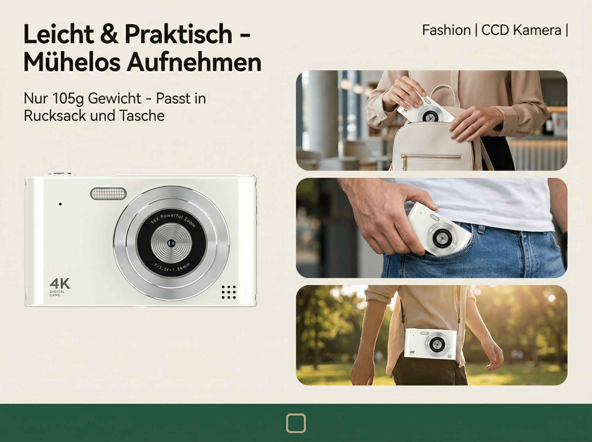 Weiße 4K-Kamera mit 16x Zoom, leicht und tragbar, passt in Tasche/Rucksack.