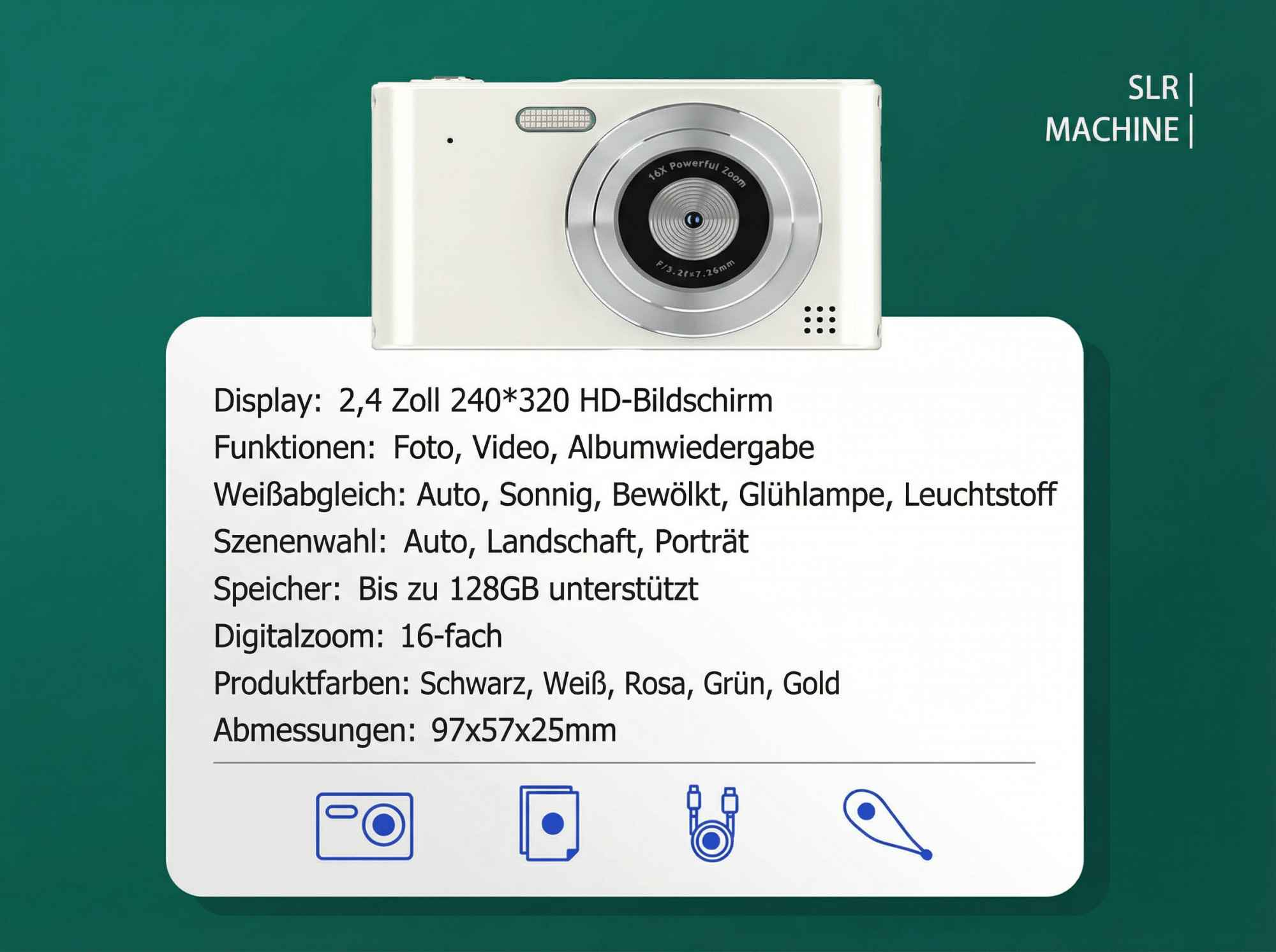 Weiße Digitalkamera mit 16-fachem Zoom und HD-Bildschirm.