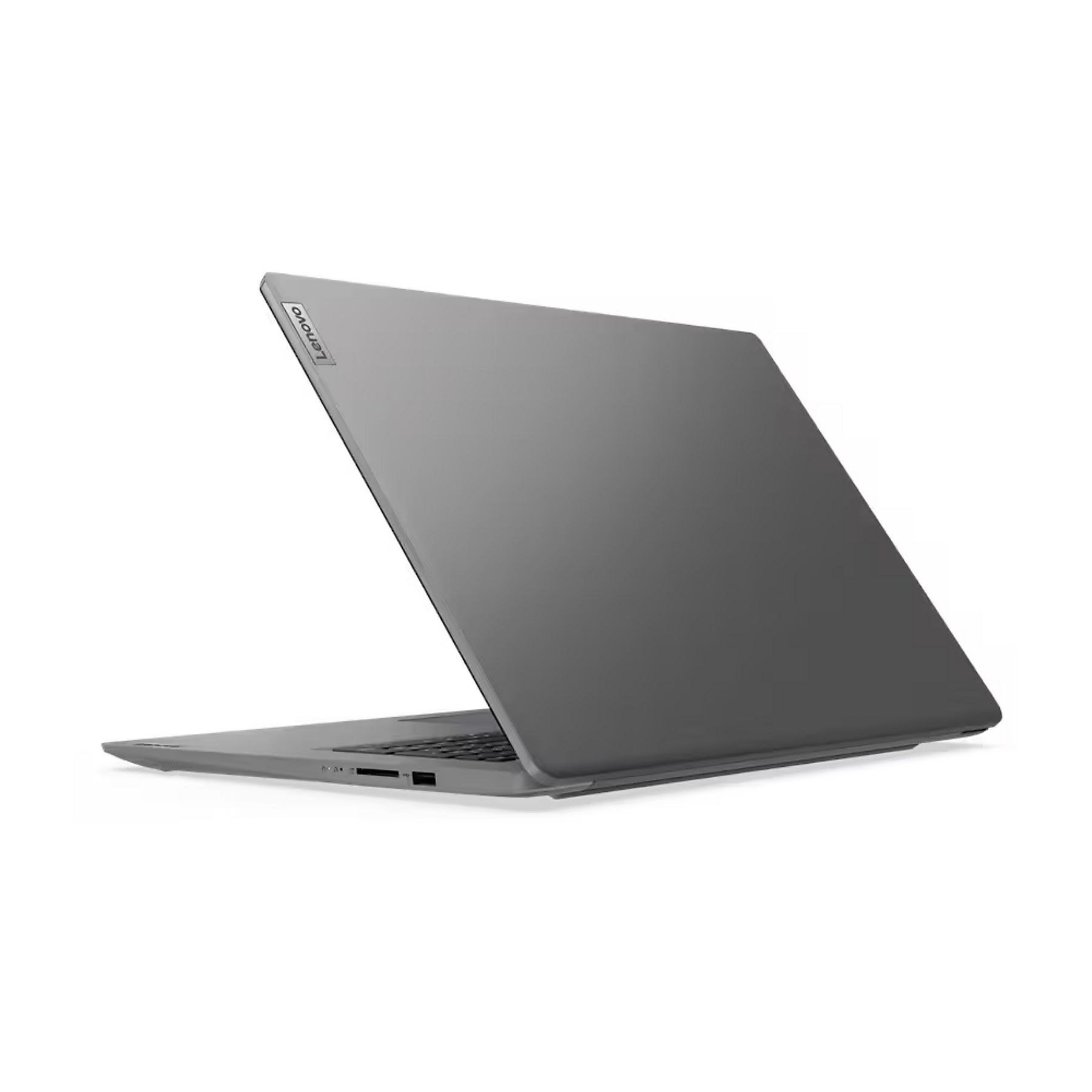 Grauer Lenovo Laptop, von hinten betrachtet, mit geöffnetem Bildschirm.