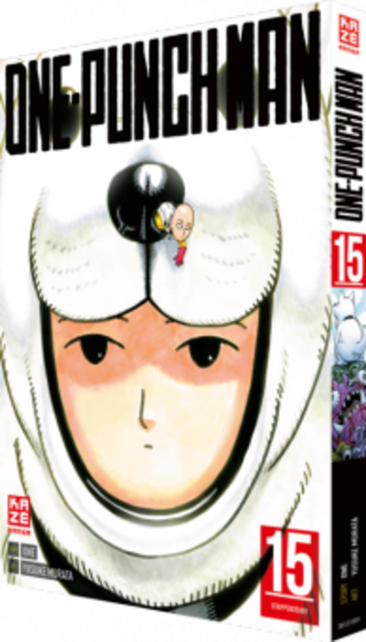 Couverture de One Punch Man tome 15 avec Saitama en costume d'ours.