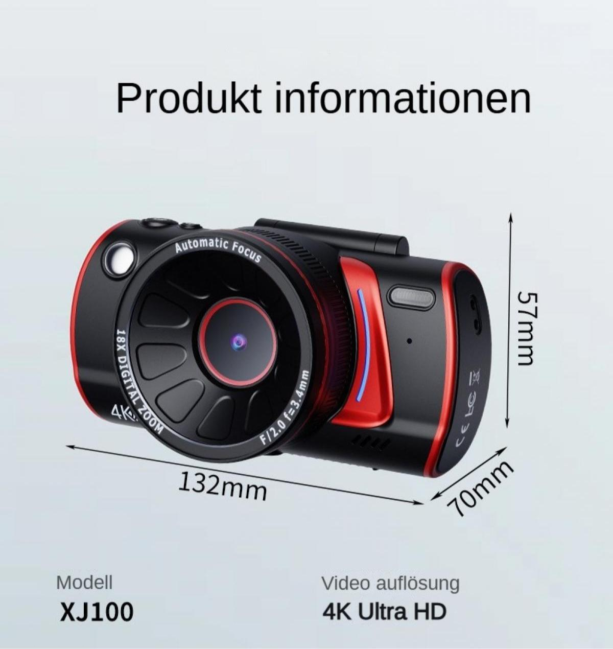Schwarz-rote Kamera mit Zoom, Maßen 132x70x57mm, Modell XJ100.