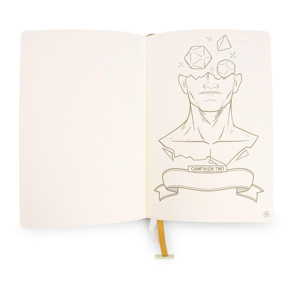 Croquis d'une tête brisée avec dés, bannière et texte.