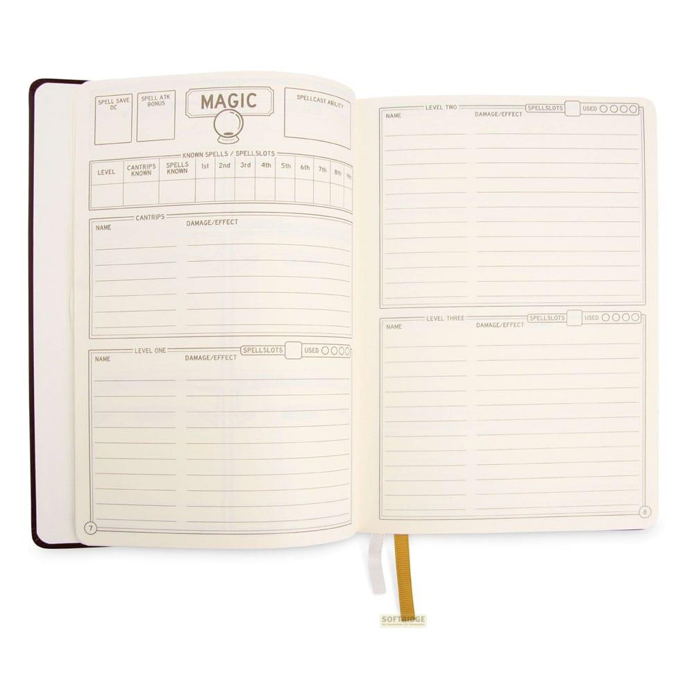 Un carnet ouvert avec des tableaux pour les sorts, les emplacements de sorts et les effets.