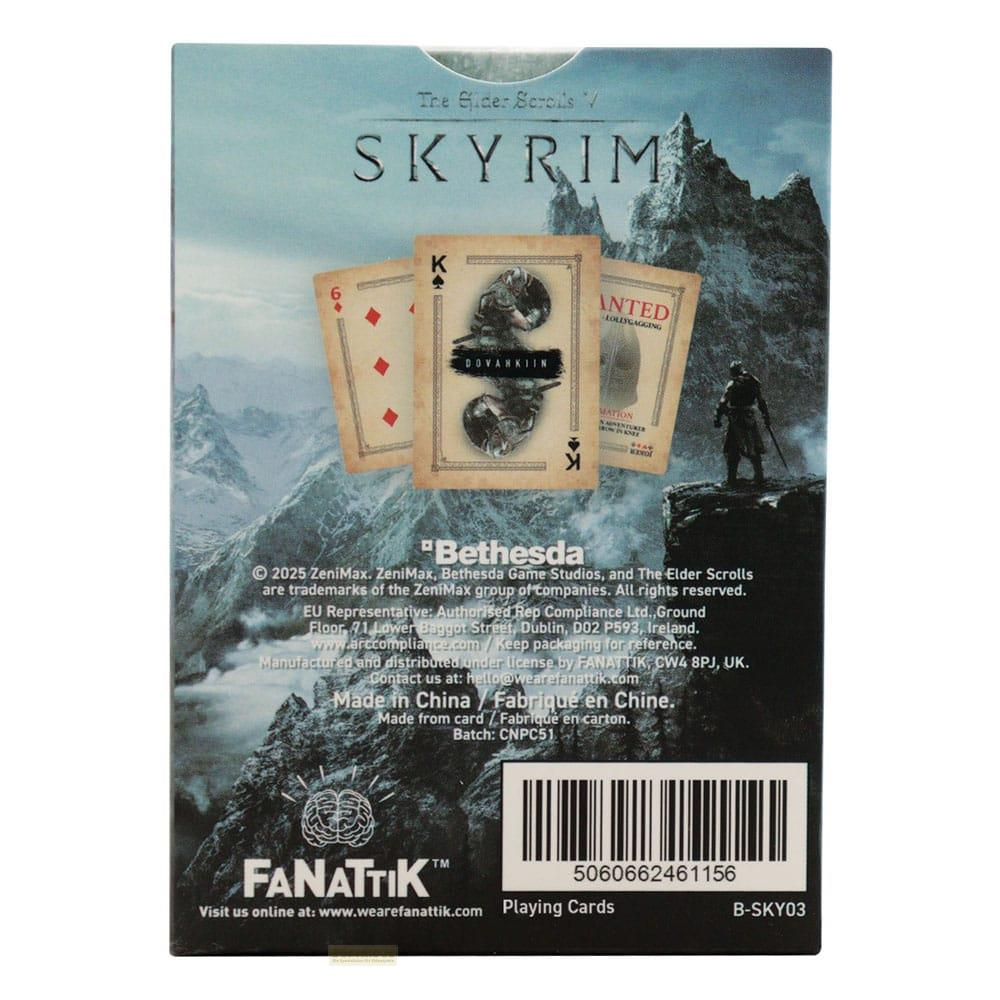 Carte da gioco Skyrim con Dovahkiin, paesaggio roccioso sullo sfondo.