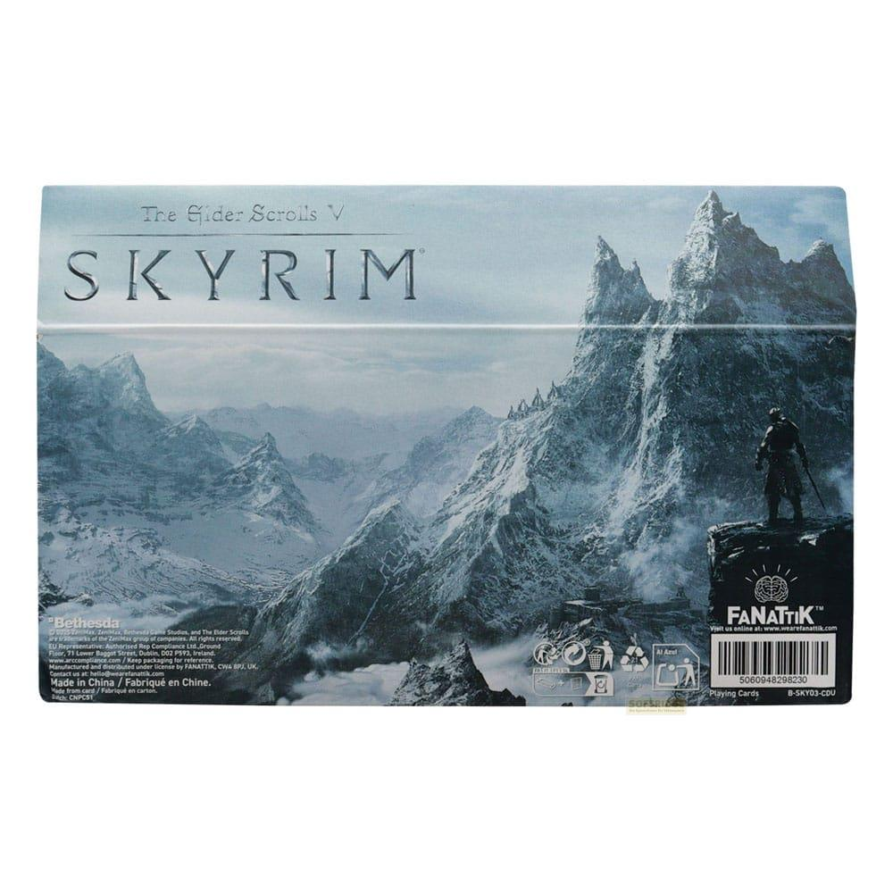 Carte da gioco Skyrim con figura davanti a montagne innevate.