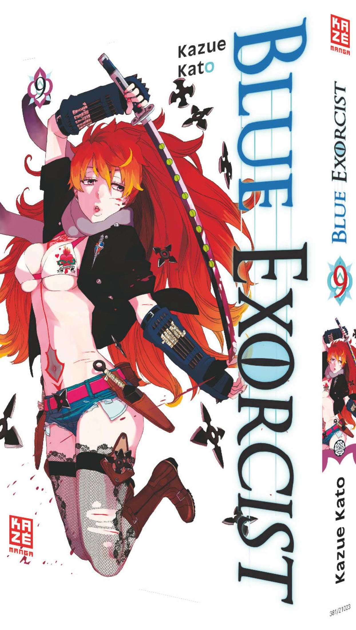 Anime-Cover: Ein Mädchen mit roten Haaren und einem Schwert, umgeben von Shuriken.