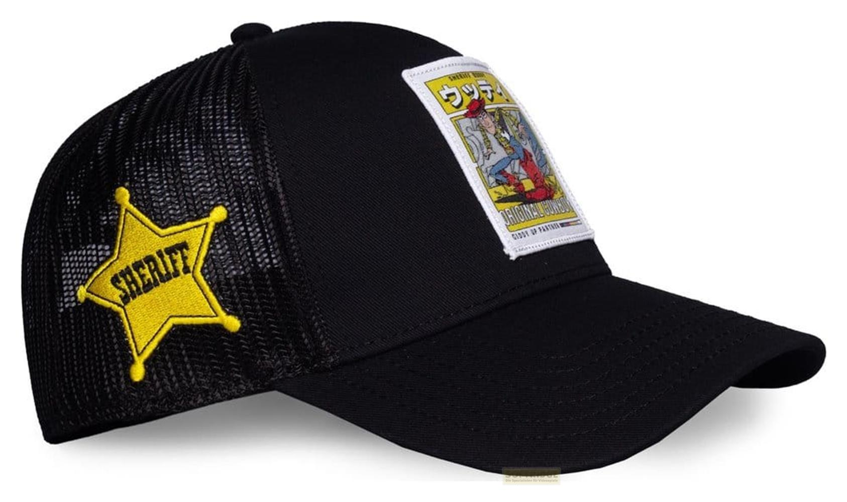 Gorra negra con estrella de sheriff y parche de cómic.