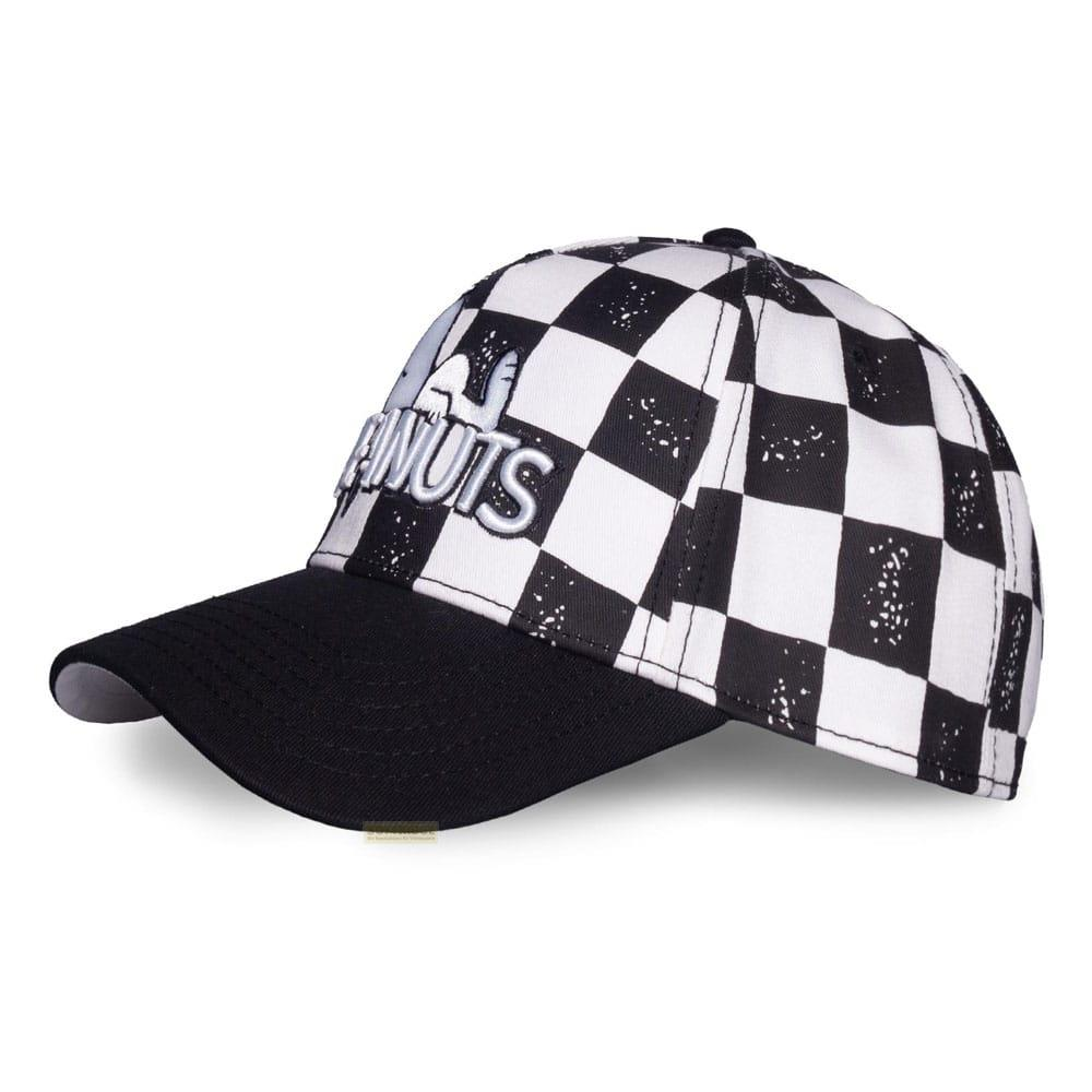 Gorra de béisbol negra con patrón de cuadros blanco y negro y logo de Peanuts.