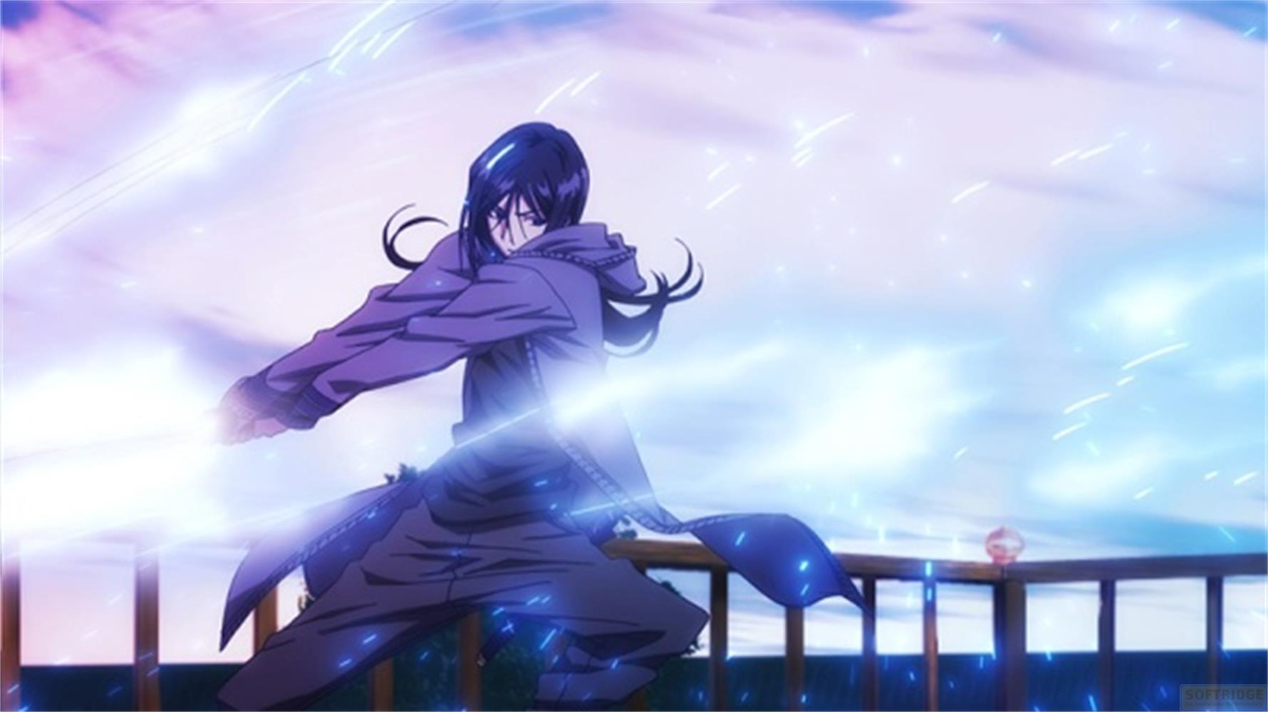 Personaggio anime in felpa viola con guanti da spada, circondato da luce blu.