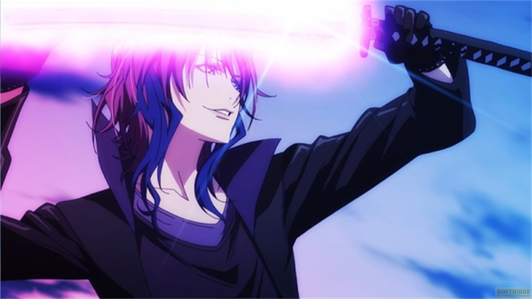 Personaggio anime con capelli blu/rossi che sguaina una spada luminosa.