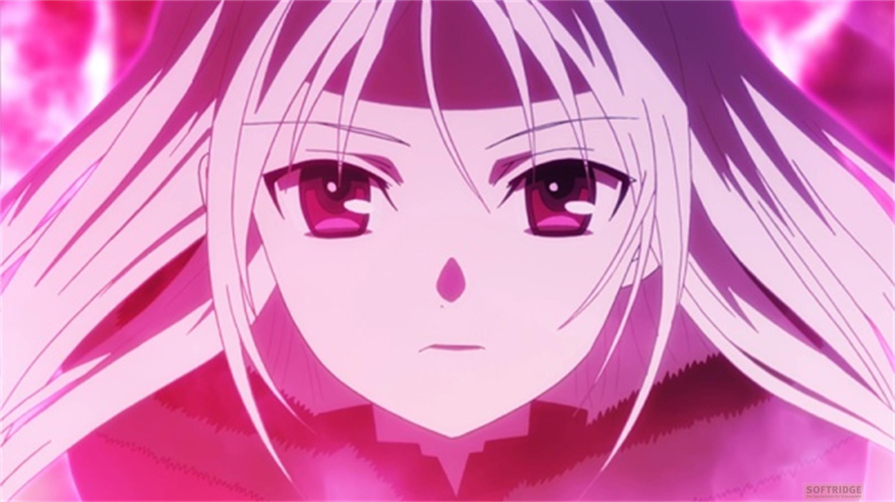 Una ragazza anime con lunghi capelli bianchi e occhi rosso vivo, circondata da energia rosa.
