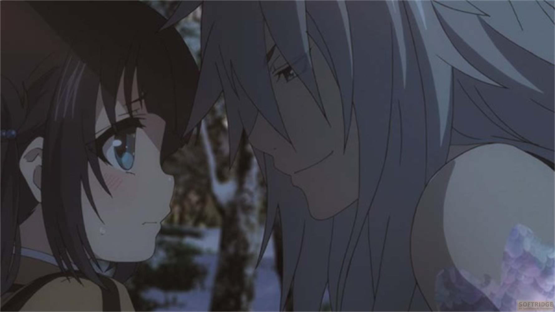 Scena anime: Una ragazza dai capelli scuri e un uomo dai lunghi capelli chiari si guardano.