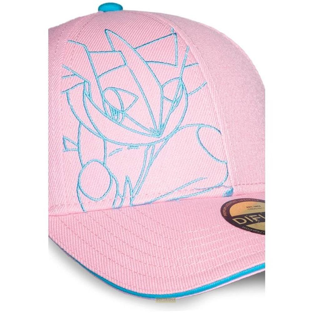 Casquette de baseball rose avec contour bleu d'un personnage de dessin animé et bouton bleu.