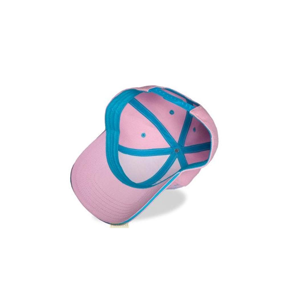 Une casquette de baseball rose aux détails turquoise, vue de l'intérieur.