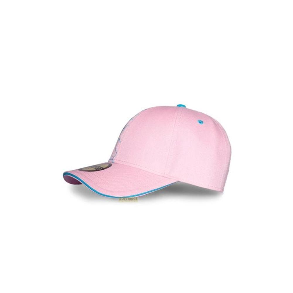 Une casquette rose avec bordure bleue et visière.