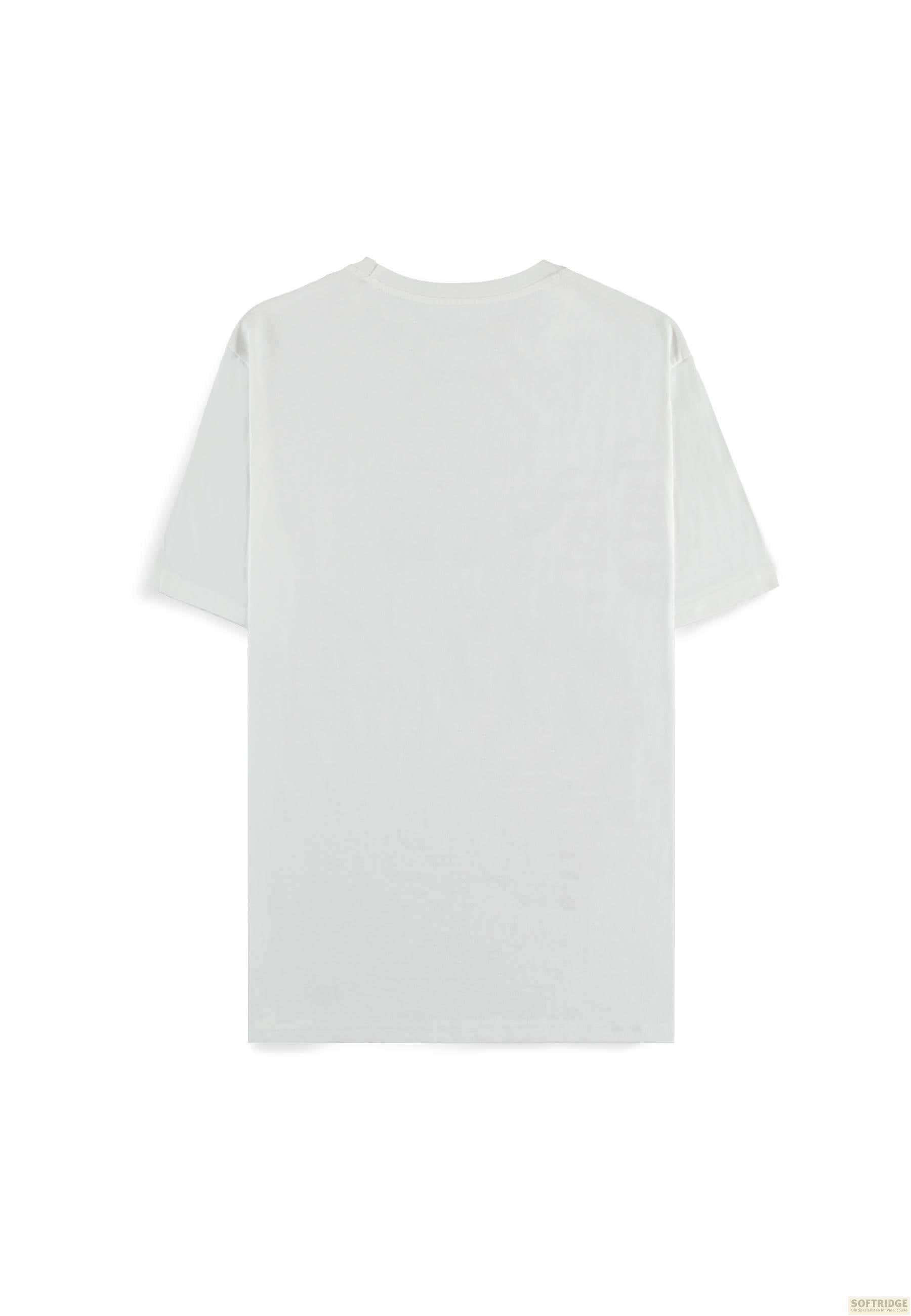 Ein weißes T-Shirt mit kurzen Ärmeln, das auf einem weißen Hintergrund liegt.