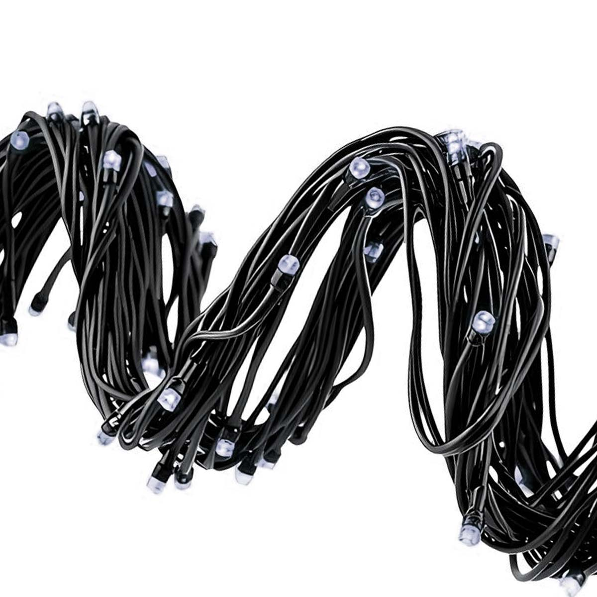 Schwarzes Kabel mit kleinen weißen LEDs, eng aufgewickelt.