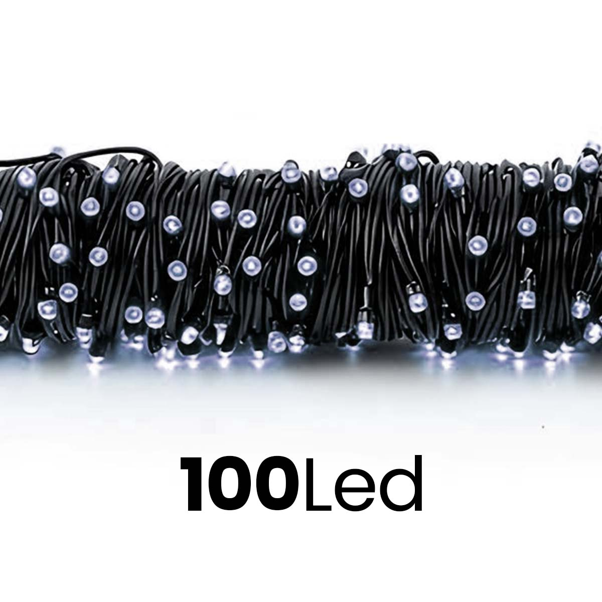 Schwarzes Kabel mit 100 weißen LEDs, aufgerollt. Text: 100Led.