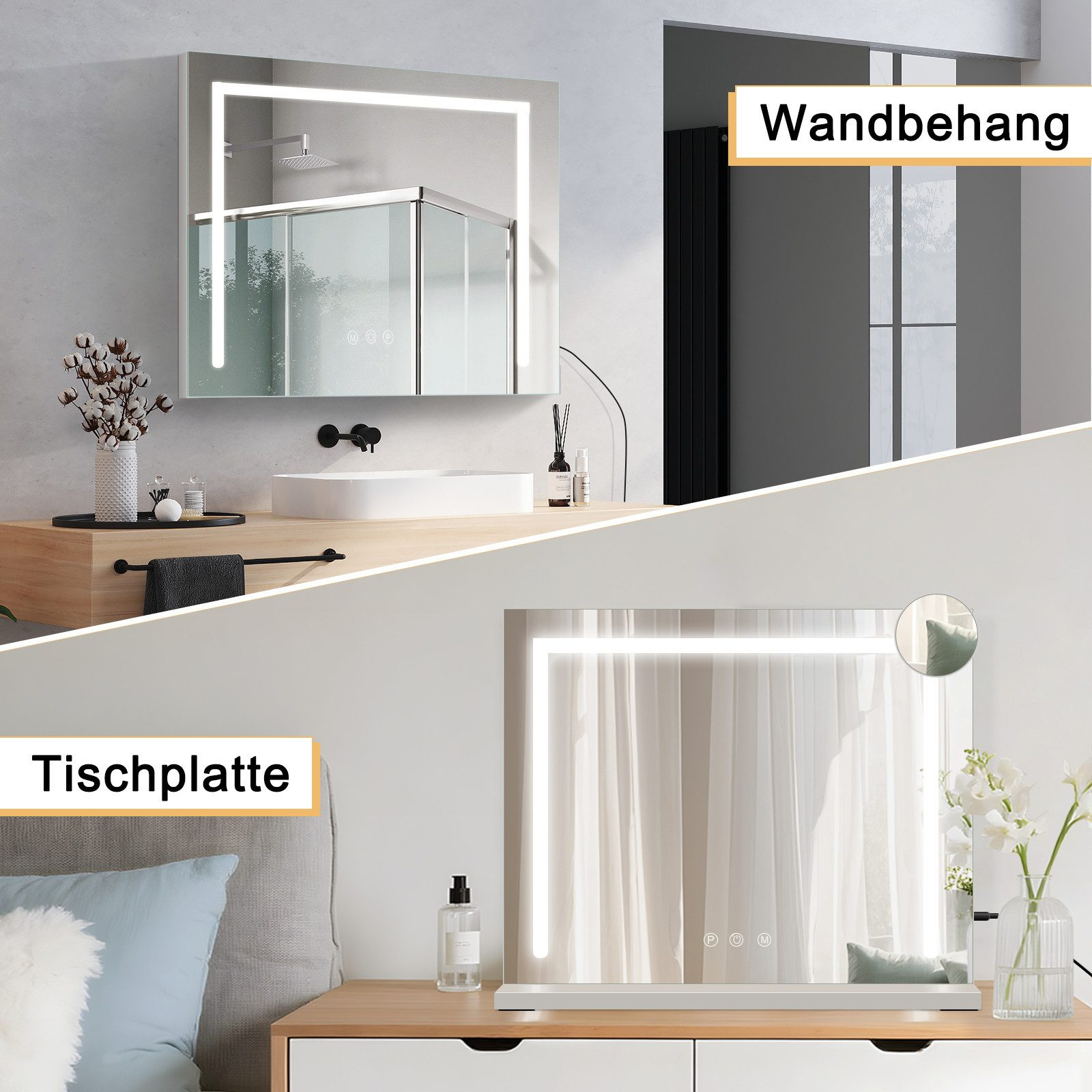 Ein beleuchteter Spiegel über einem Waschbecken und ein Schminkspiegel auf einer Kommode.