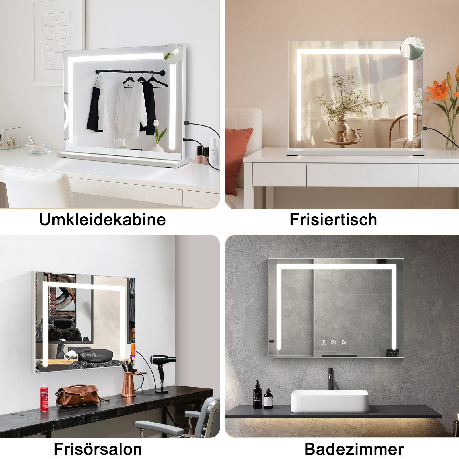 Vier beleuchtete Spiegel, Kleiderschrank, Schminktisch, Friseursalon und Badezimmer.