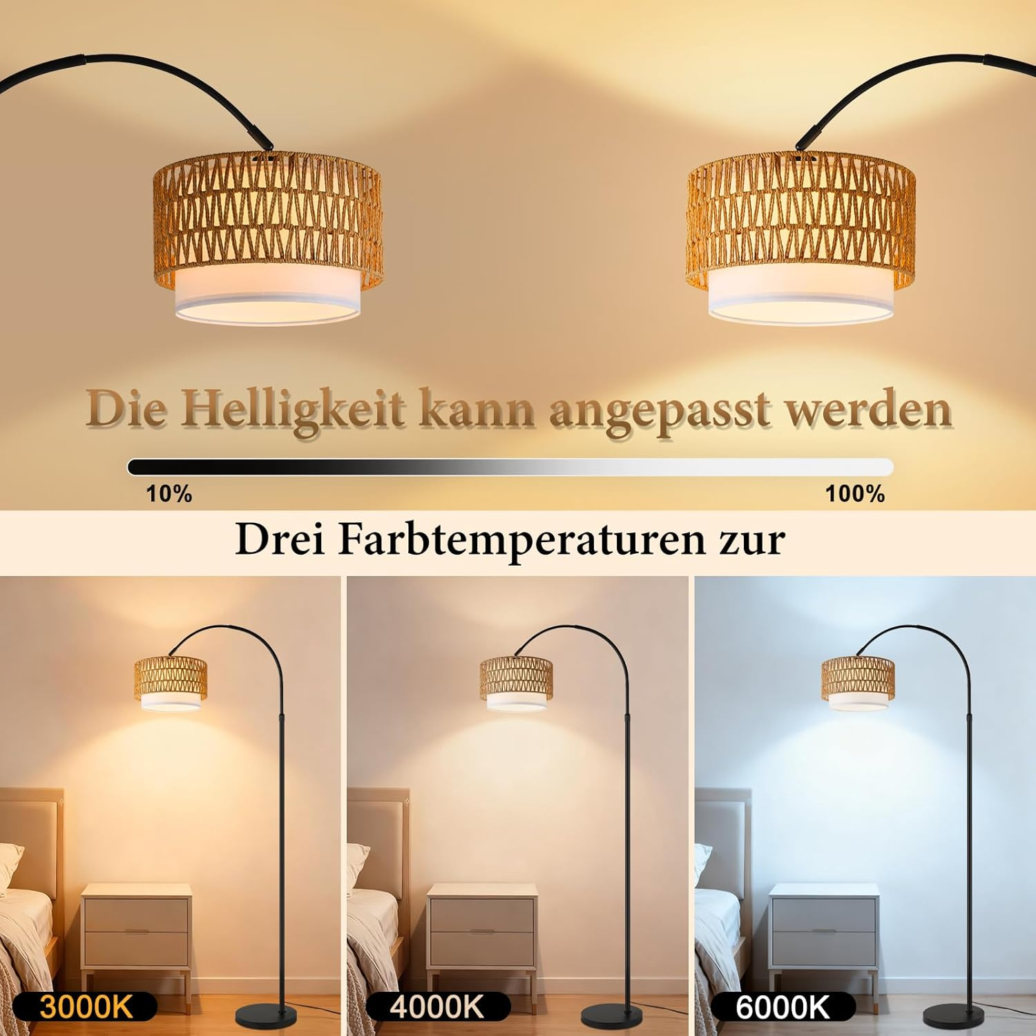 Lampada ad arco con luminosità regolabile e tre temperature di colore in camera da letto.