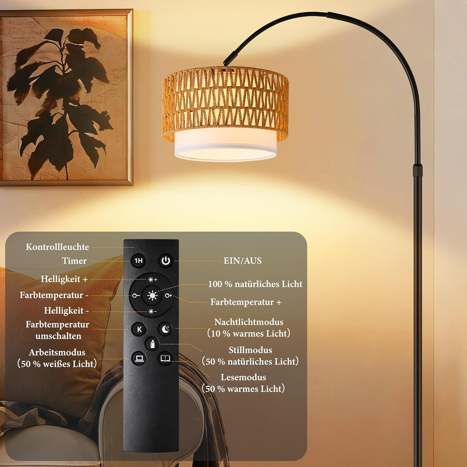 Lampada ad arco con paralume in rattan e telecomando, quadro vicino.