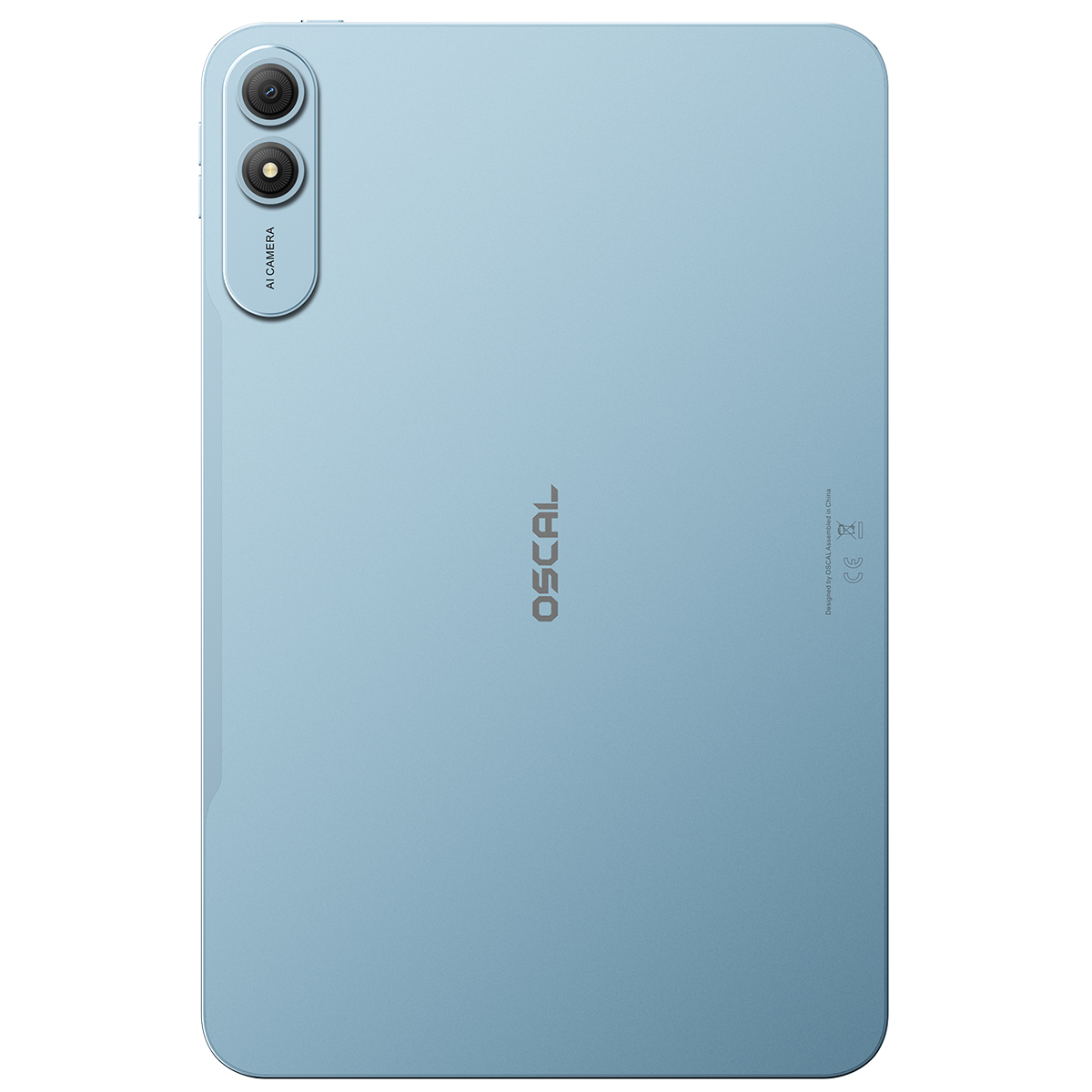 Rückseite eines blauen Tablets mit zwei Kameras und dem OSCAL-Logo.