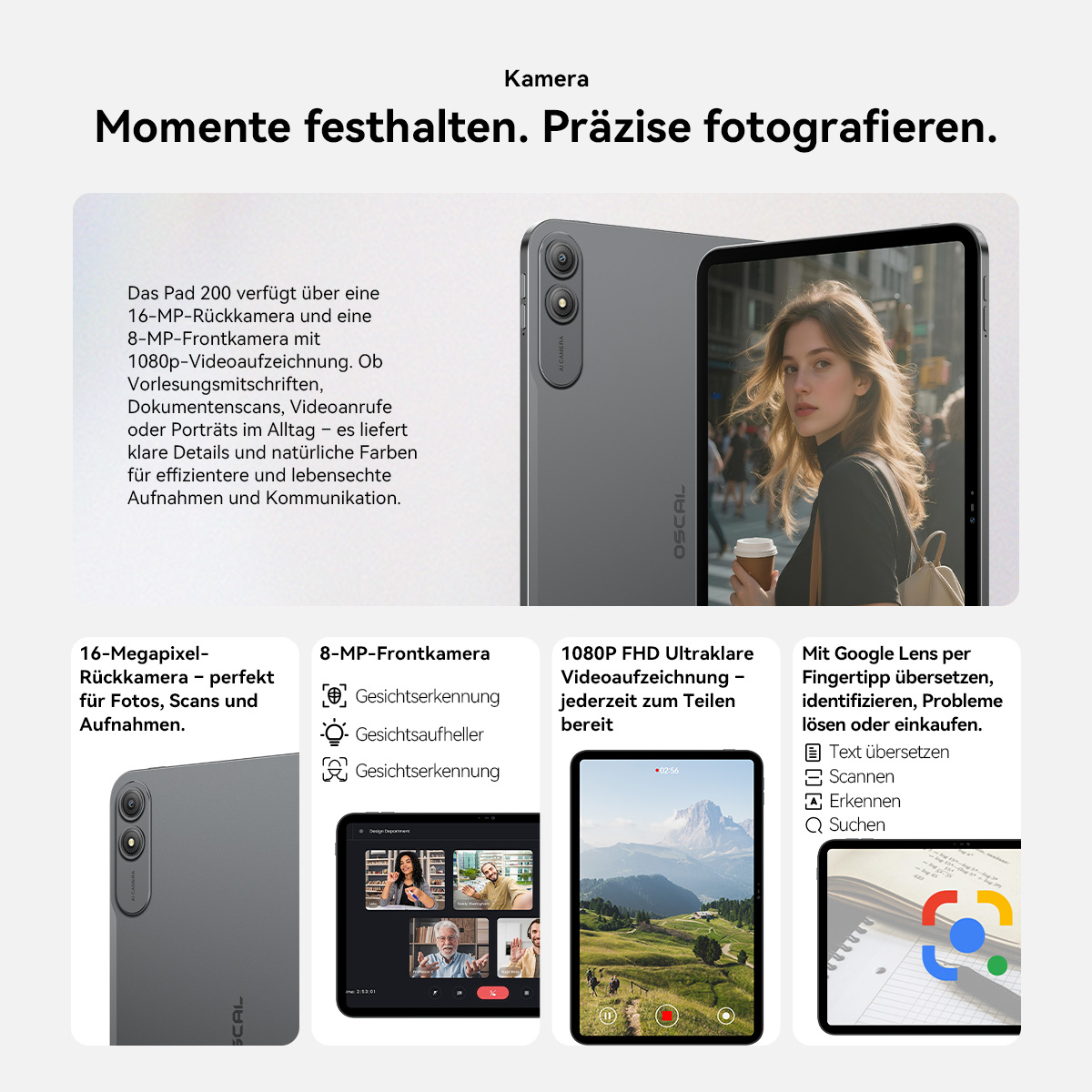 Ein Tablet mit drei Kameras: Rückseite, Front und eine Landschaftsaufnahme.