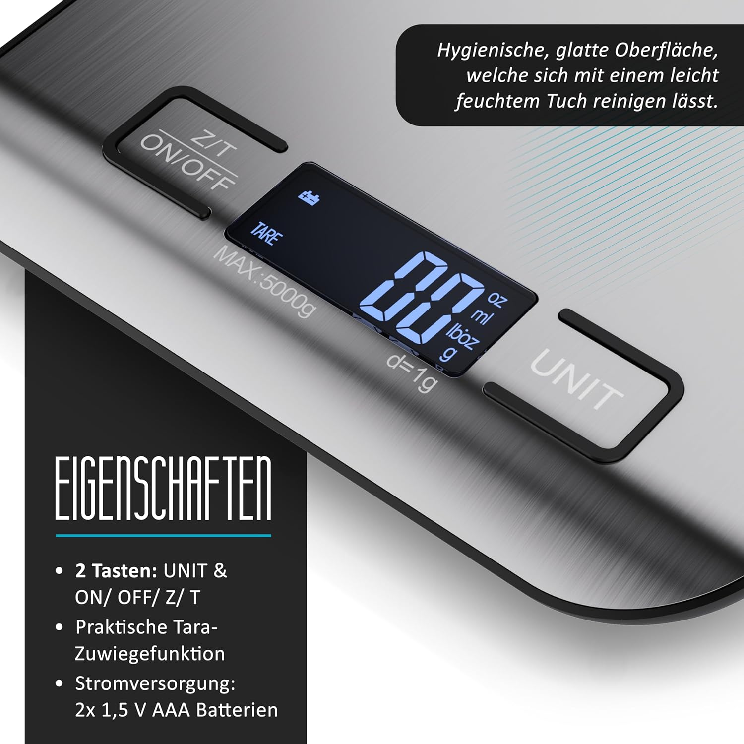 Digitale Küchenwaage mit Edelstahloberfläche und digitaler Anzeige. Maximal 5000g.