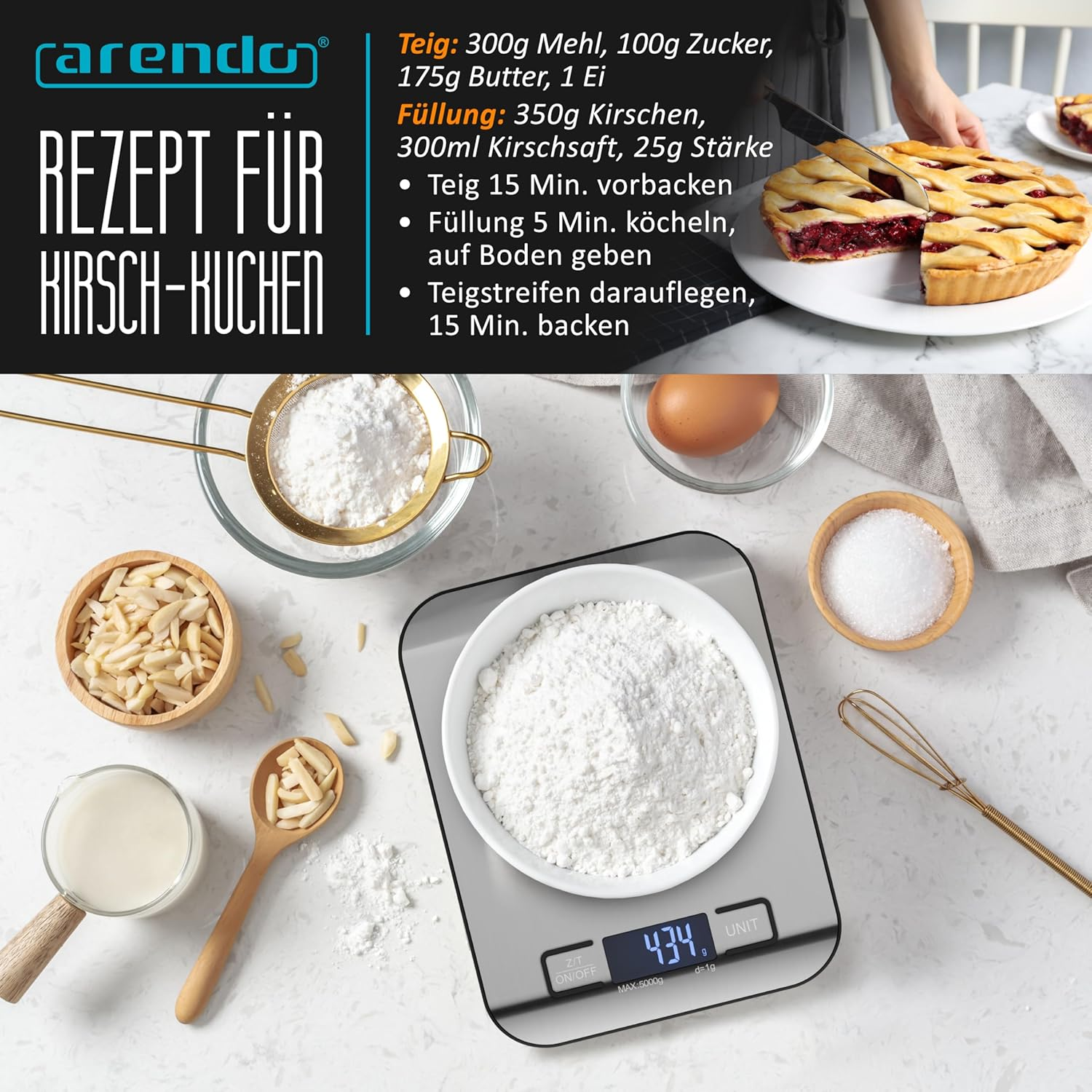 Zutaten für Kirschkuchen: Mehl, Zucker, Butter, Ei, Kirschen, Kirschsaft, Stärke, Mandeln, Milch.