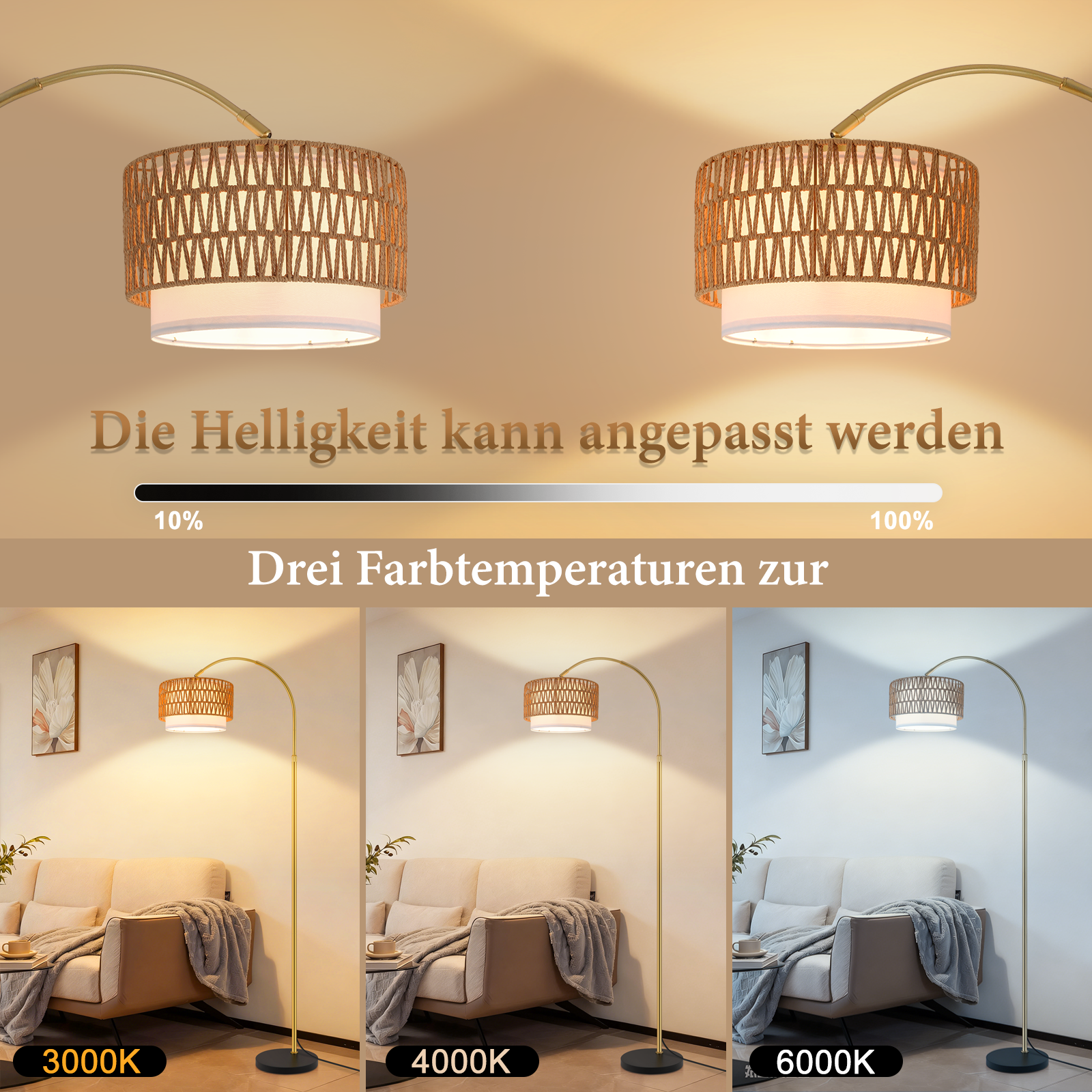 Lampada da terra ad arco con luminosità e temperatura colore regolabili (3000K, 4000K, 6000K).