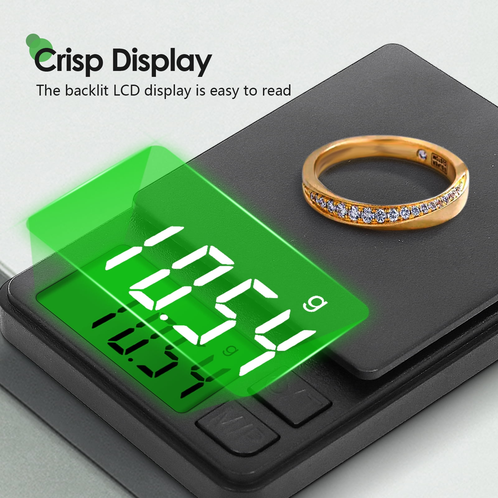 Ein goldener Ring mit Diamanten liegt auf einer Digitalwaage, die 18,54 g anzeigt.