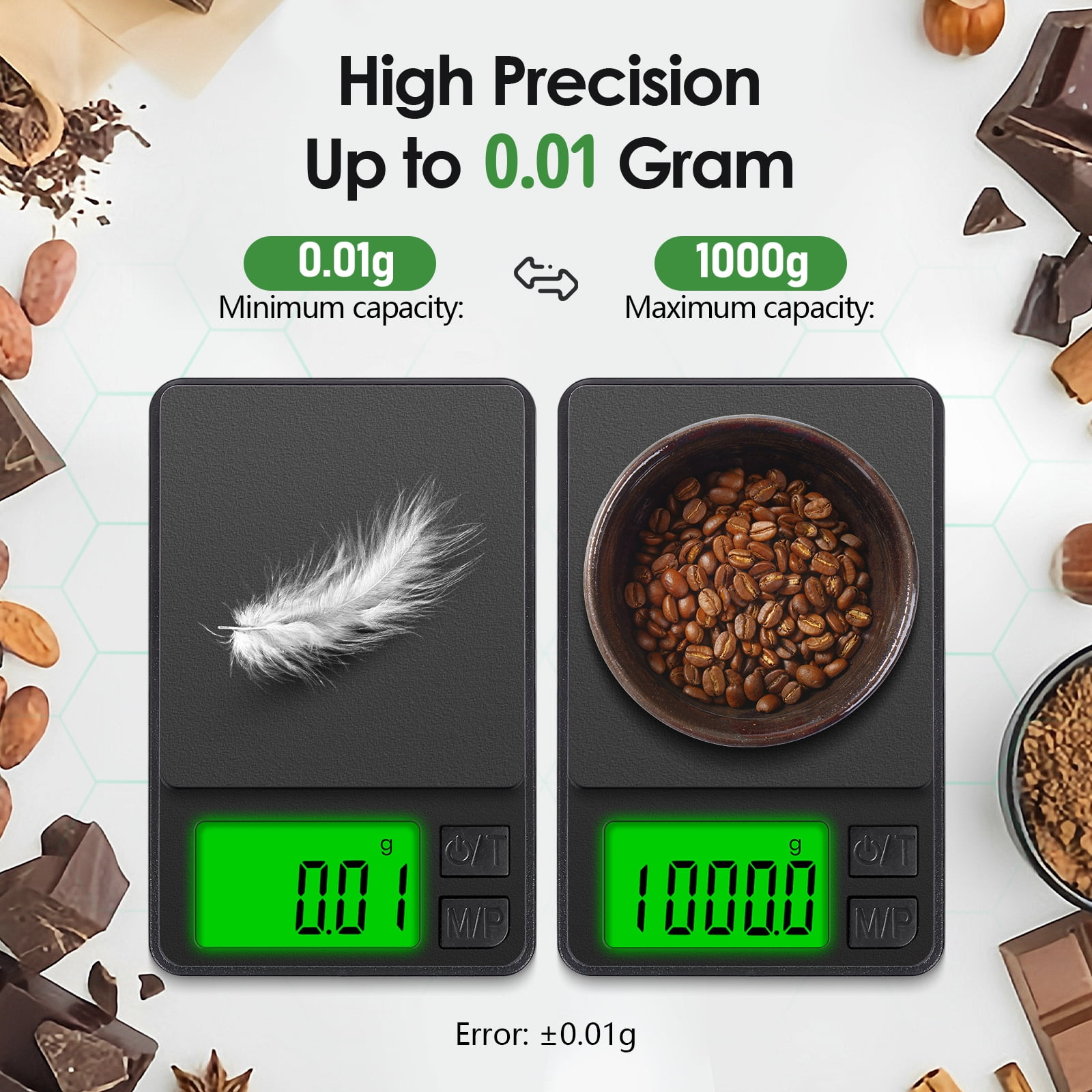 Digitale Waage mit Feder und Kaffeebohnen, zeigt 0,01g und 1000g an.