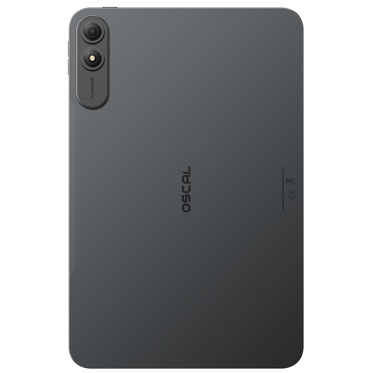 Graues Tablet mit zwei Kameras und OSCAL-Logo auf der Rückseite.