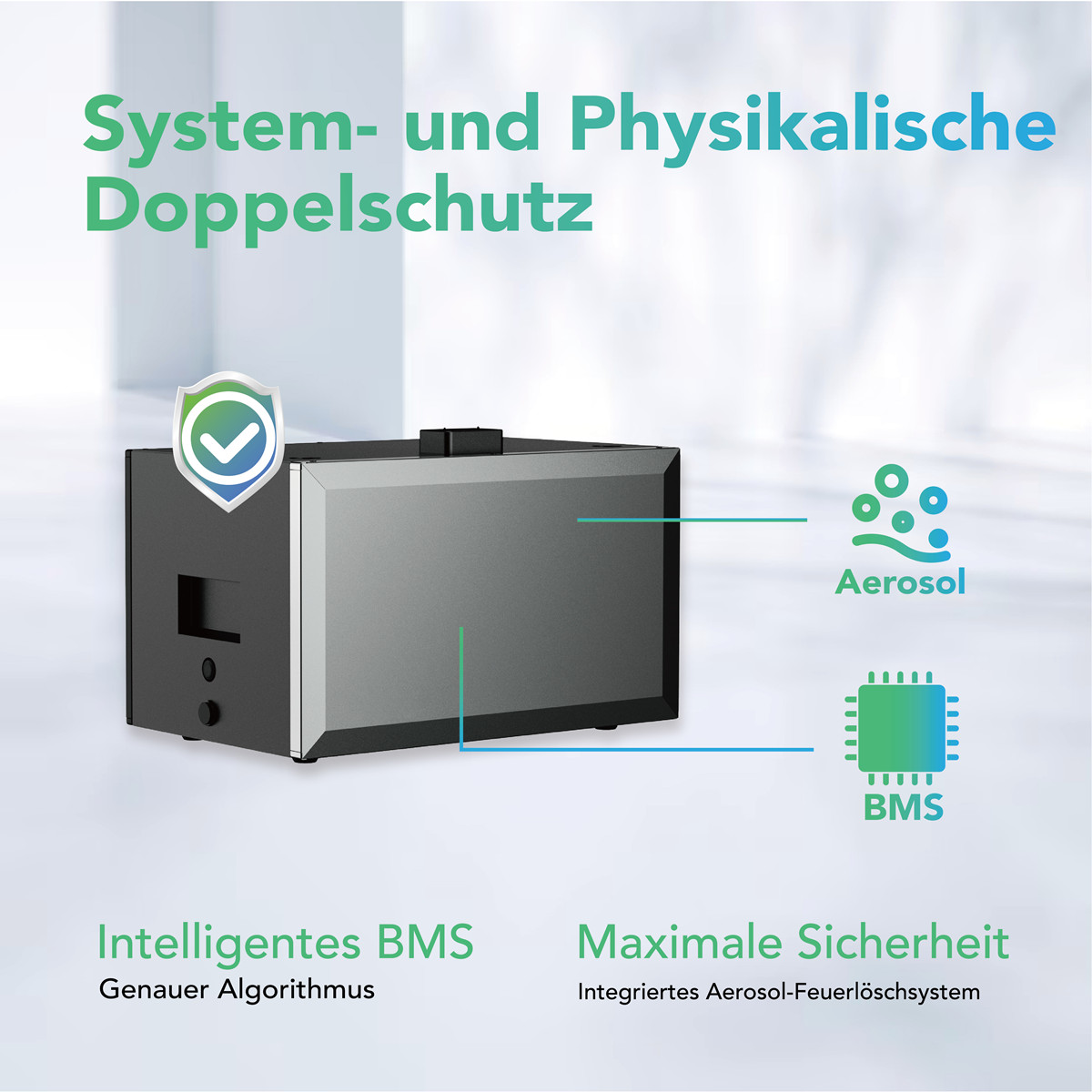 Gerät mit Aerosol- und BMS-Symbolen, die Schutz und Sicherheit symbolisieren.