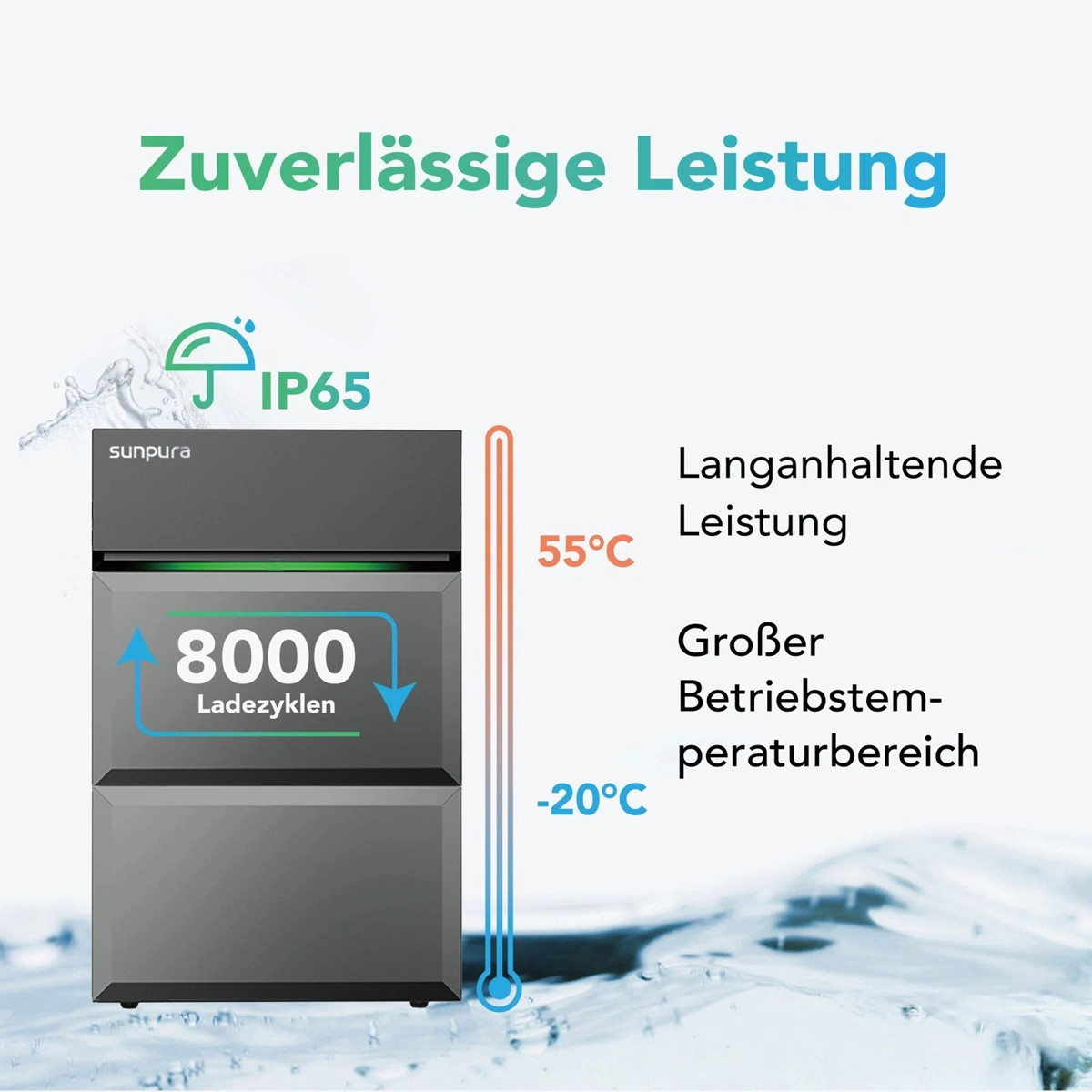 Graues Gerät mit IP65, 8000 Ladezyklen, Temperaturbereich -20°C bis 55°C.