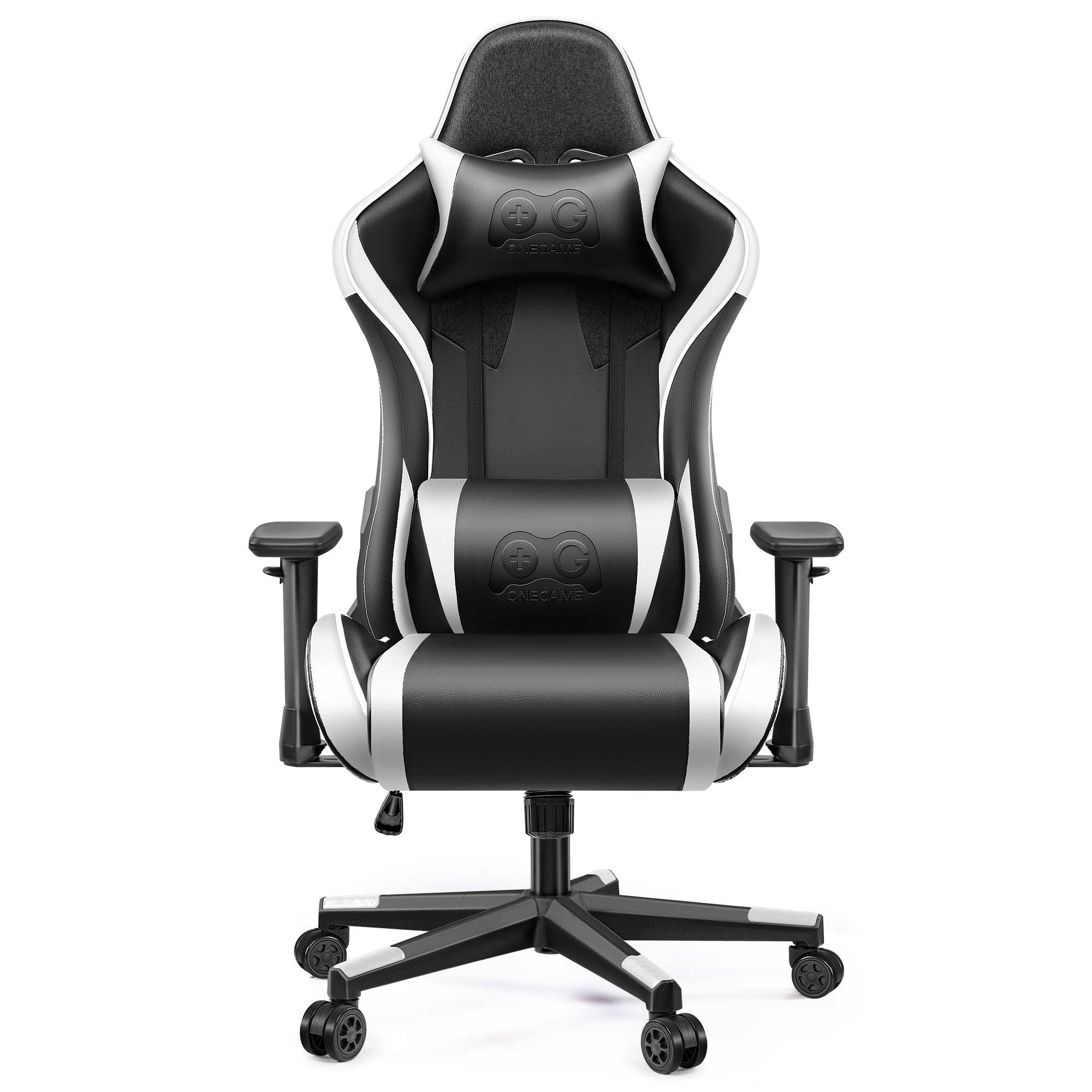 Ein schwarzer und weißer Gaming-Stuhl mit Kopfstütze und Lendenkissen.