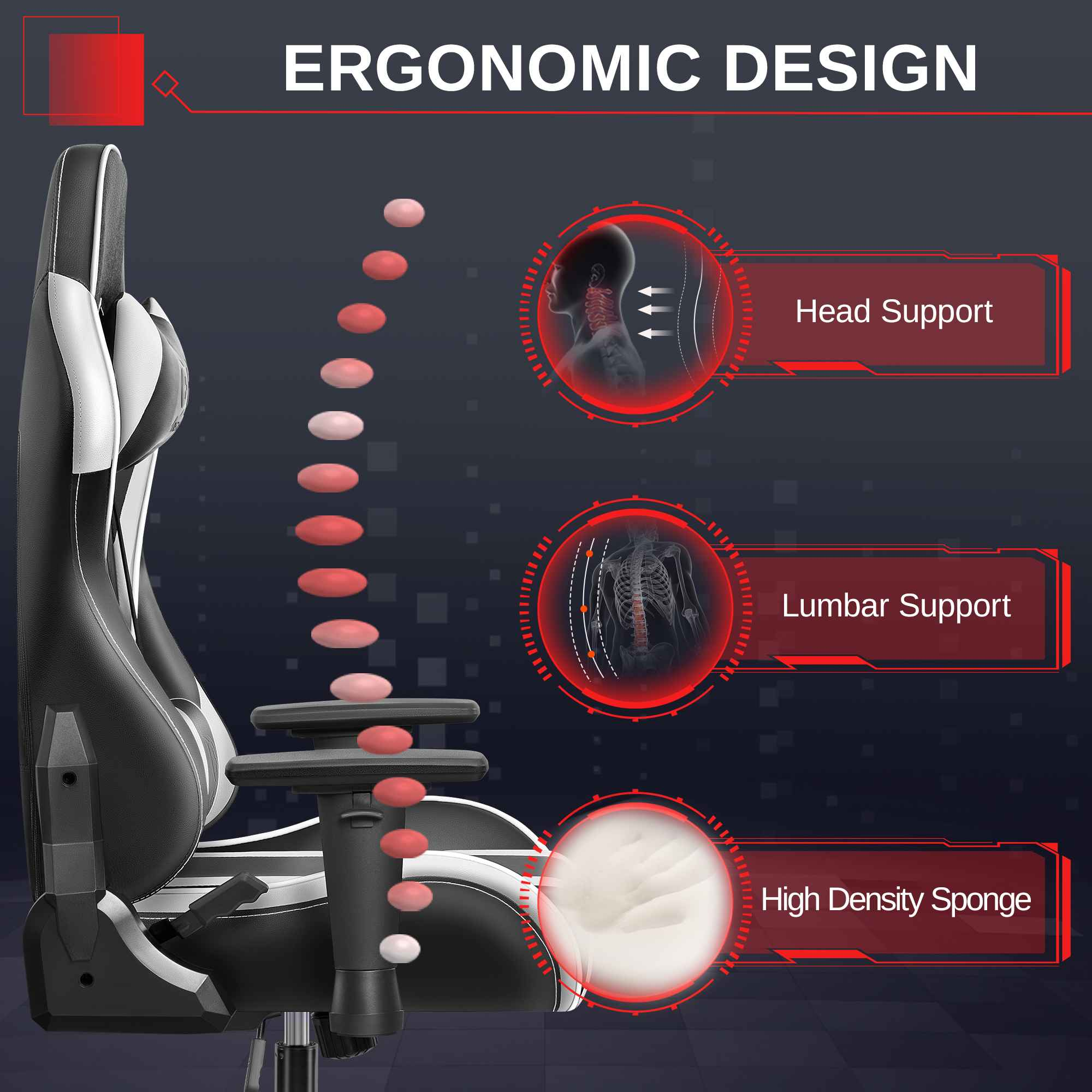 Ergonomisches Design: Kopf-, Lendenwirbelstütze, Schwammpolster.