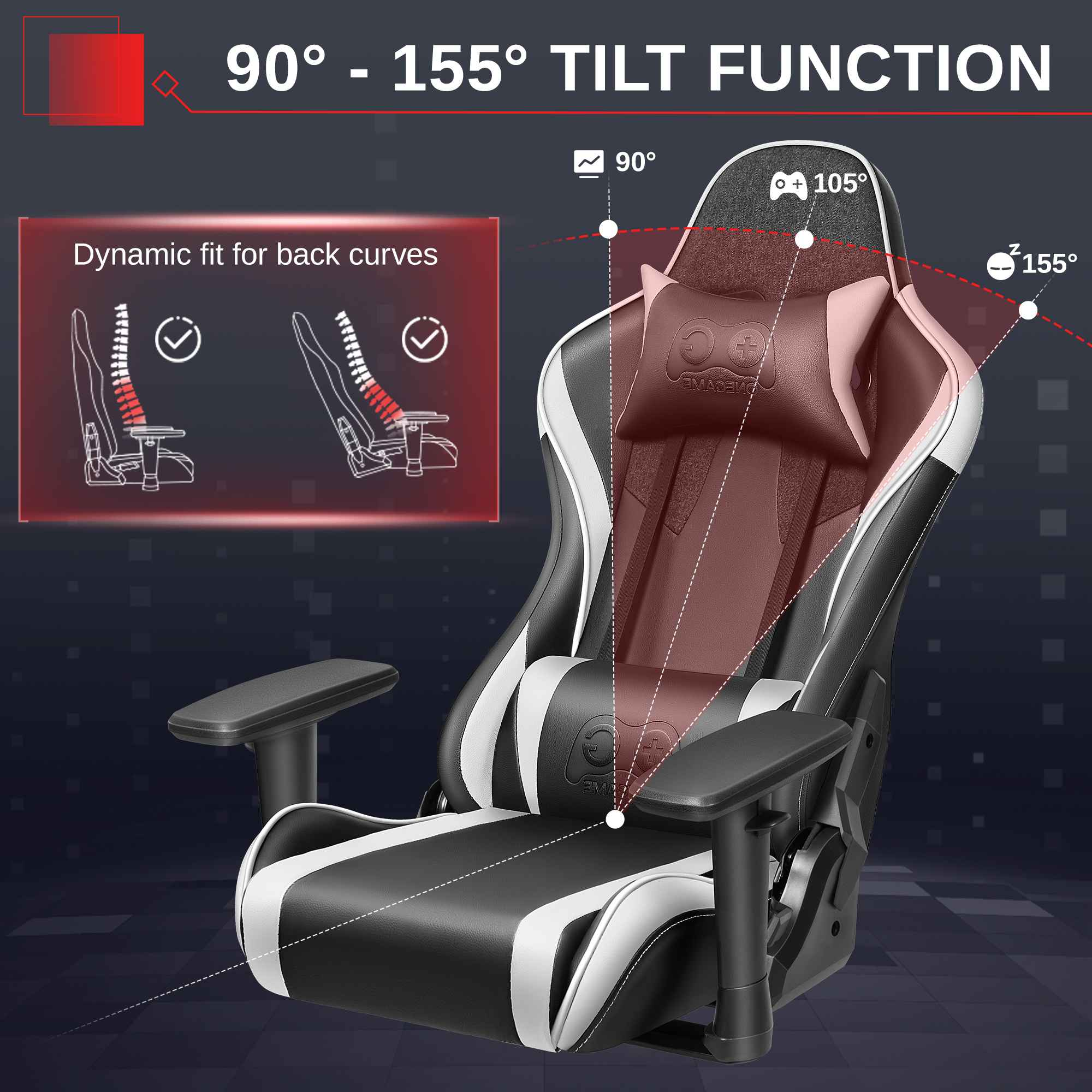 Gamingstuhl mit 90-155 Grad Neigungsfunktion, dynamisch anpassbar.