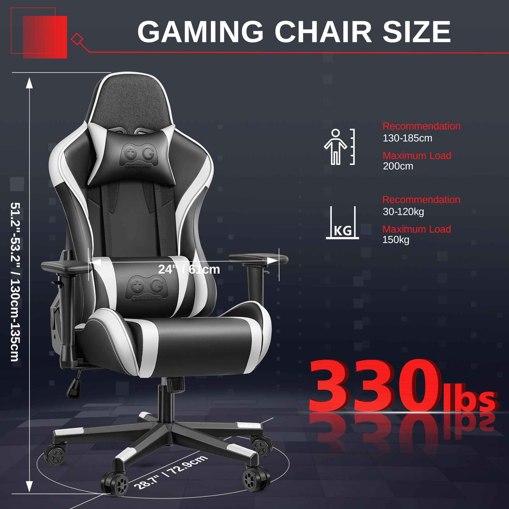 Schwarzer Gaming-Stuhl mit weißen Akzenten, Maße und Gewichtsangaben.