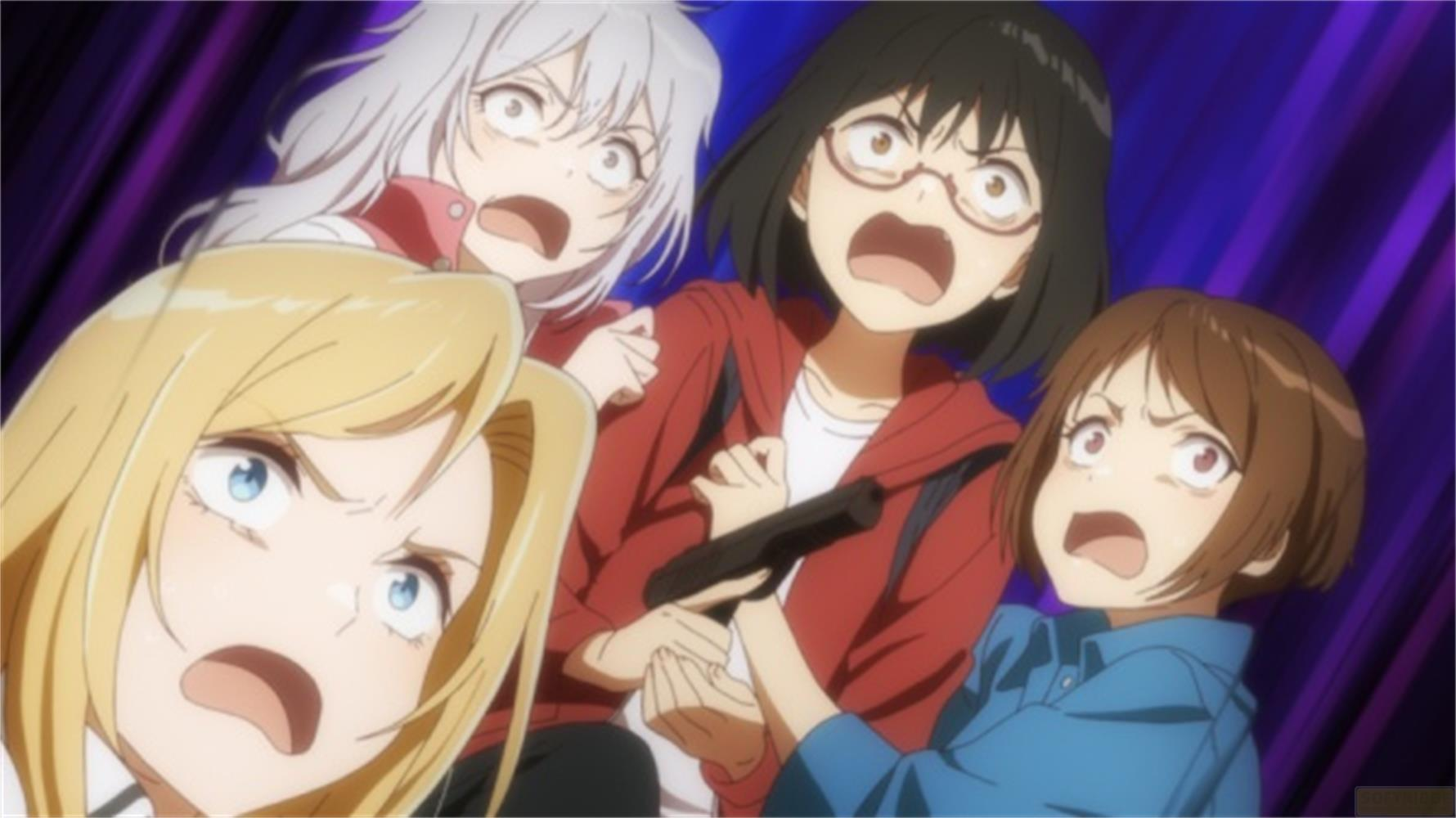 Quattro ragazze anime con facce scioccate, una tiene una pistola.