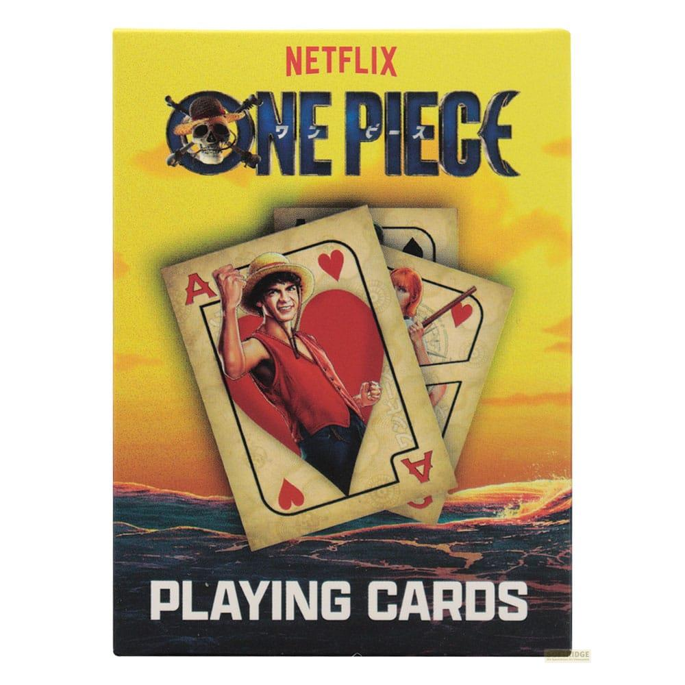 Netflix One Piece Spielkarten mit Charakteren und einem Piraten-Symbol.