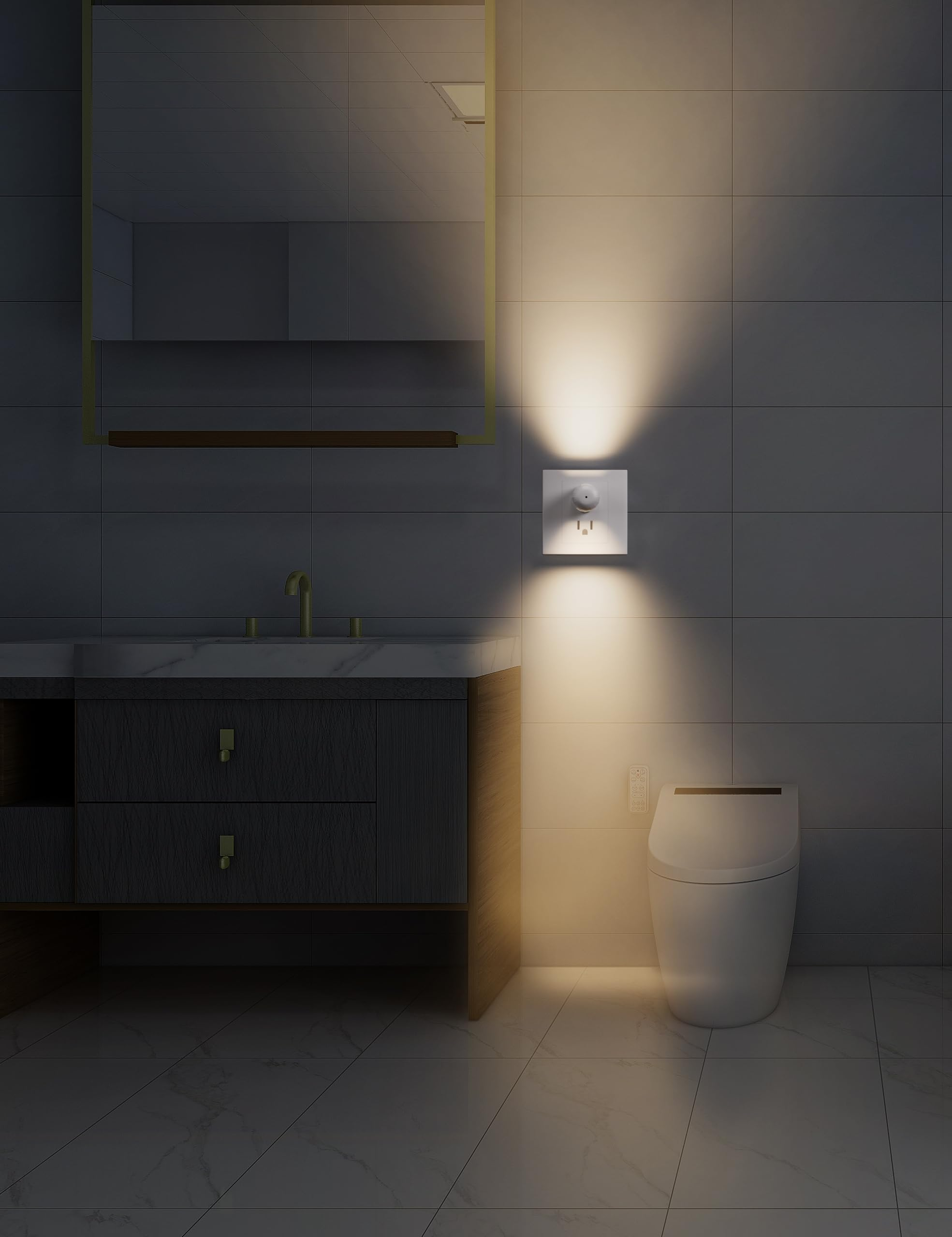 Bagno moderno con mobile lavabo, WC e applique da parete.