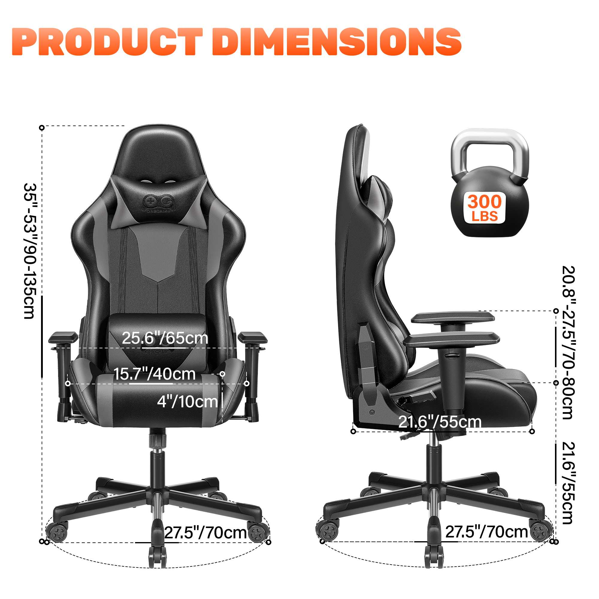 Produktabmessungen eines schwarzen Gaming-Stuhls mit Maßen.