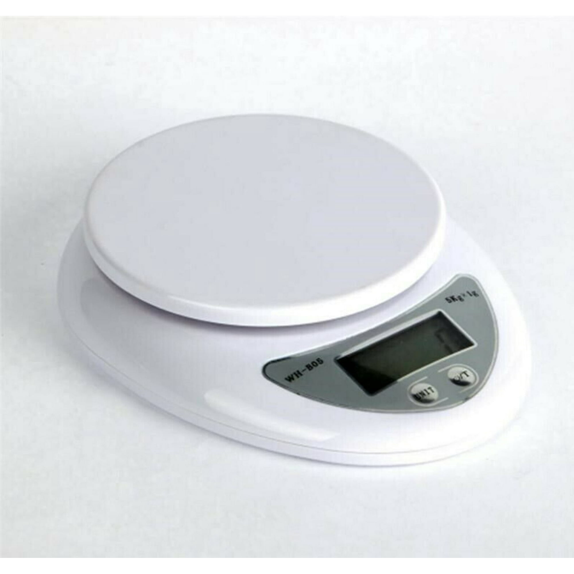 Eine weiße digitale Küchenwaage mit einem LCD-Display und Bedientasten.