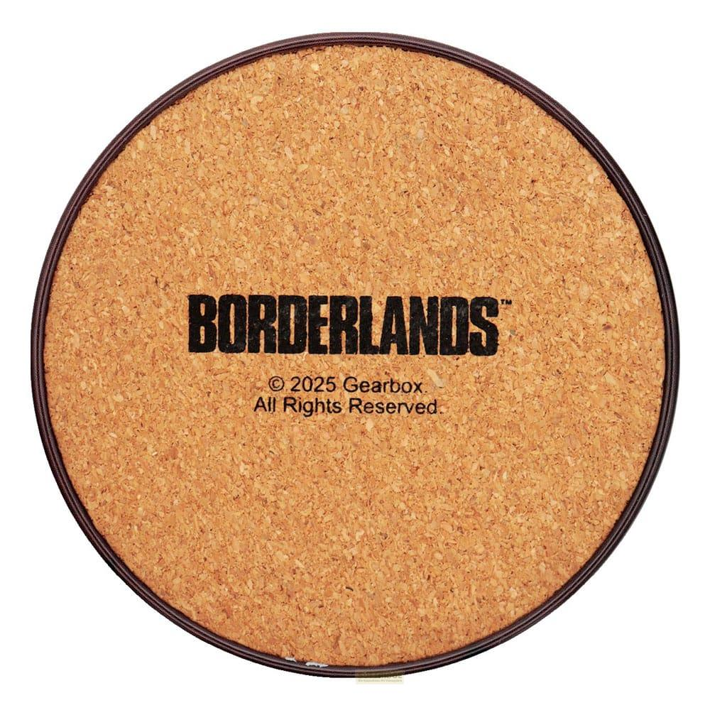 Runder Korkuntersetzer mit "BORDERLANDS"-Logo und Copyright-Informationen.
