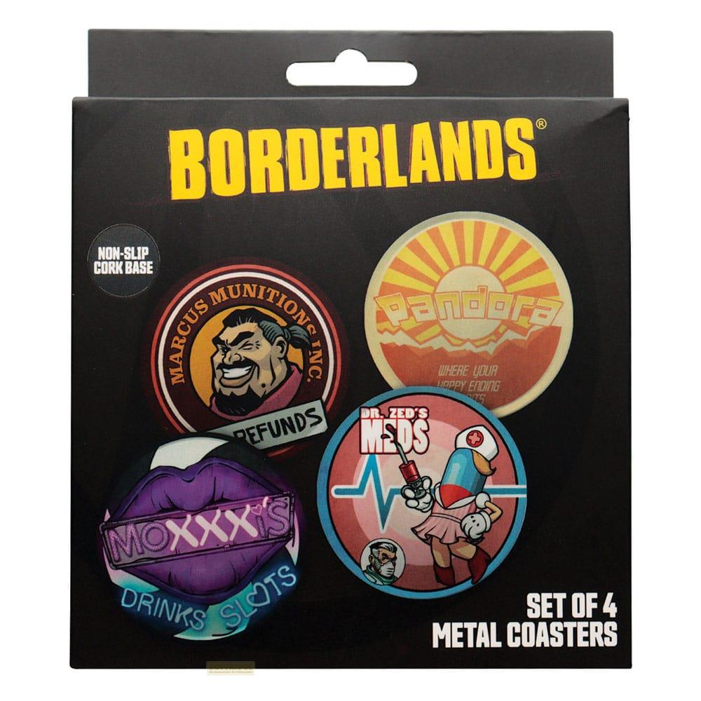Vordergrund: Set mit 4 Metalluntersetzern mit Borderlands-Motiven. Im Hintergrund: Die Verpackung.