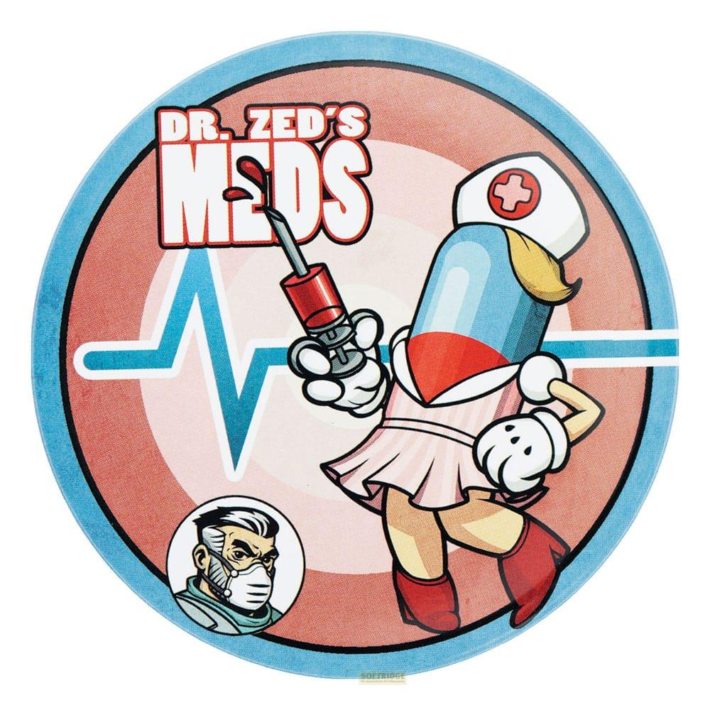 Eine Cartoon-Spritze hält eine Spritze. Dr. Zed's Meds-Logo oben.