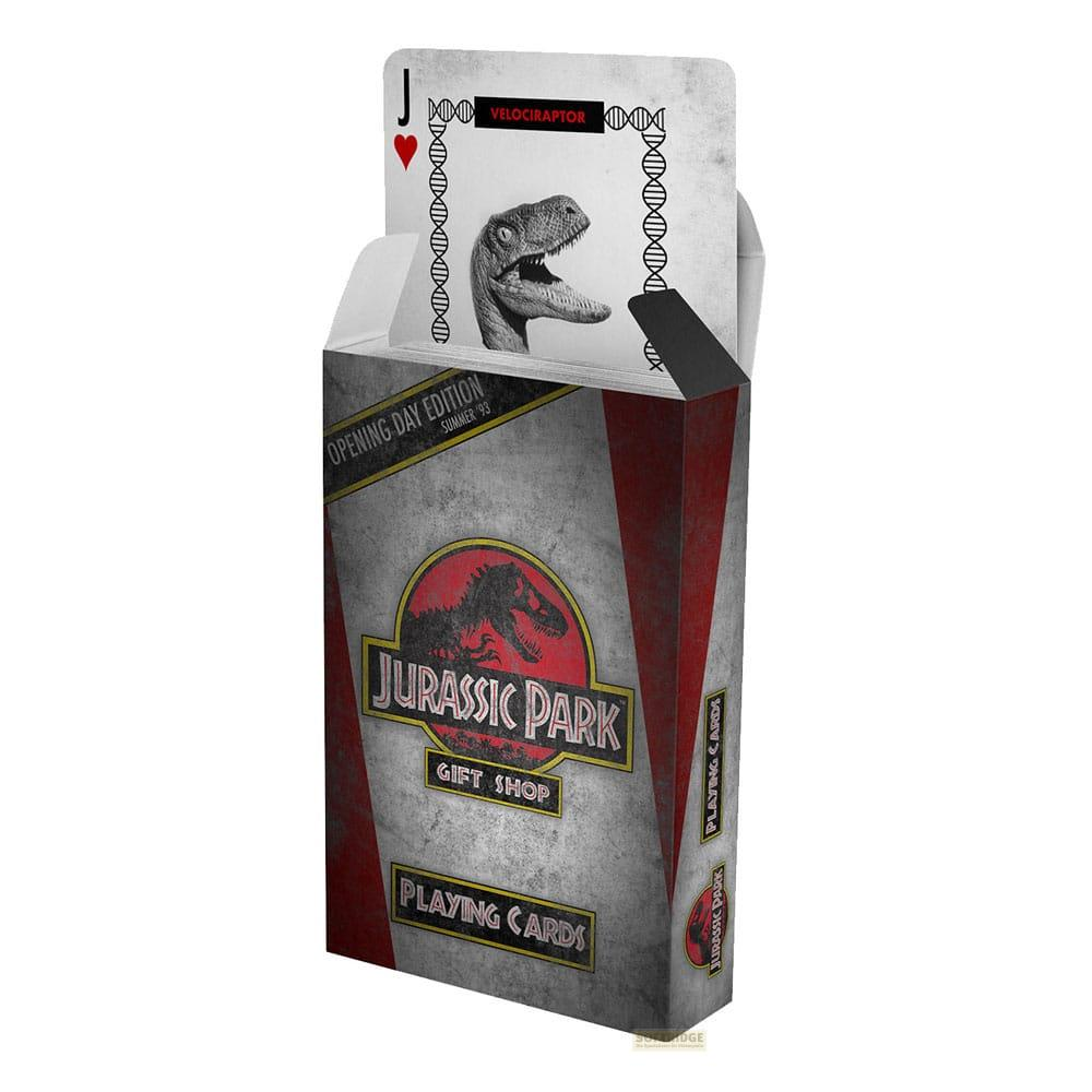 Jurassic Park Spielkarten-Box mit Velociraptor-Motiv und roten Akzenten.