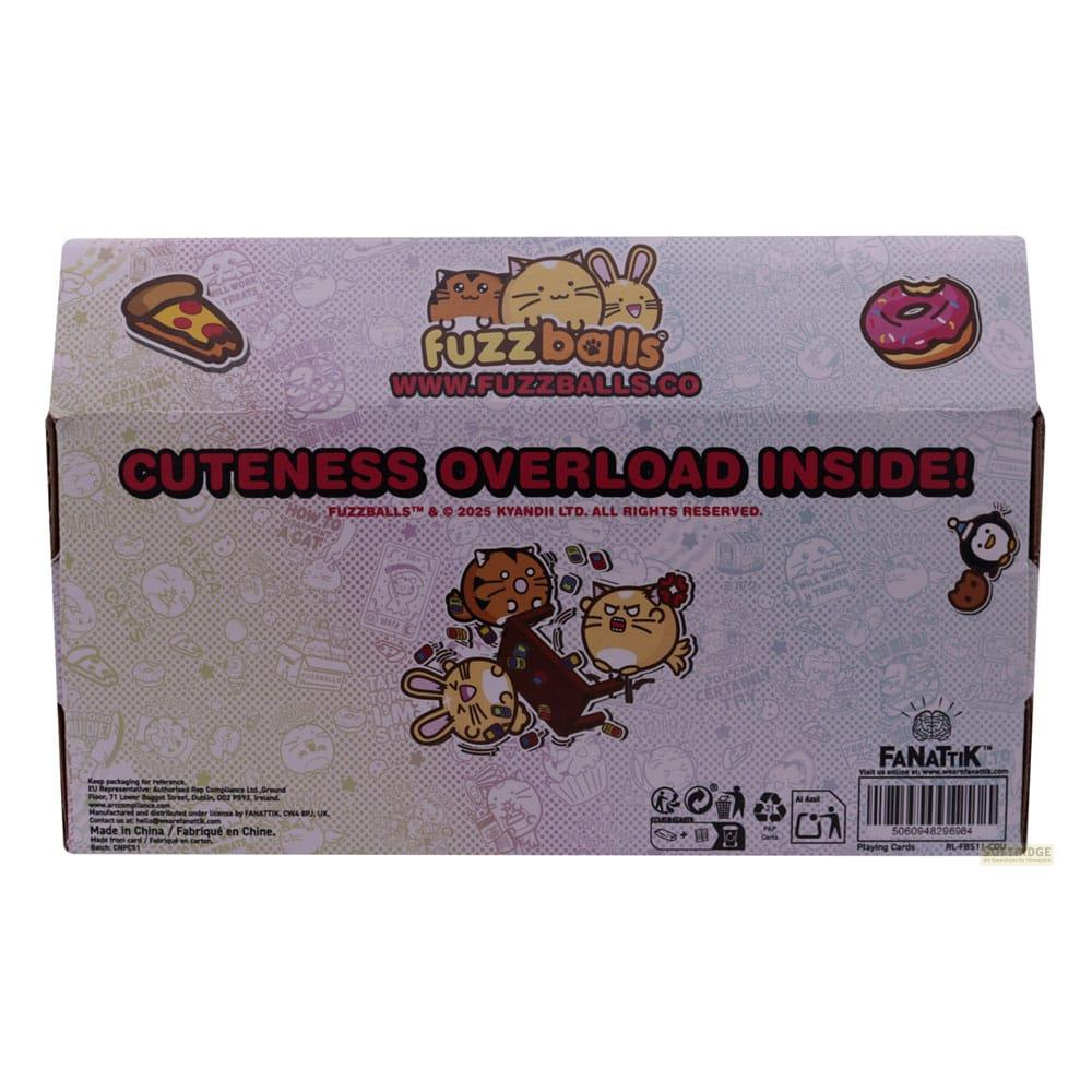 Verpackung mit Fuzzballs-Logo, süßen Charakteren, Pizza und einem Donut.